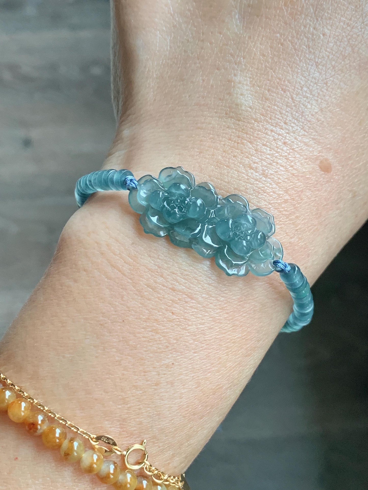 Natural Grade A Guatemalan Icy Translucent Teal Blue Jade Jadeite Double Lotus Flower Beaded Bracelet 6.75” 10g 天然冰胶危蓝起光翡翠双莲花算盘珠手串 WSL188