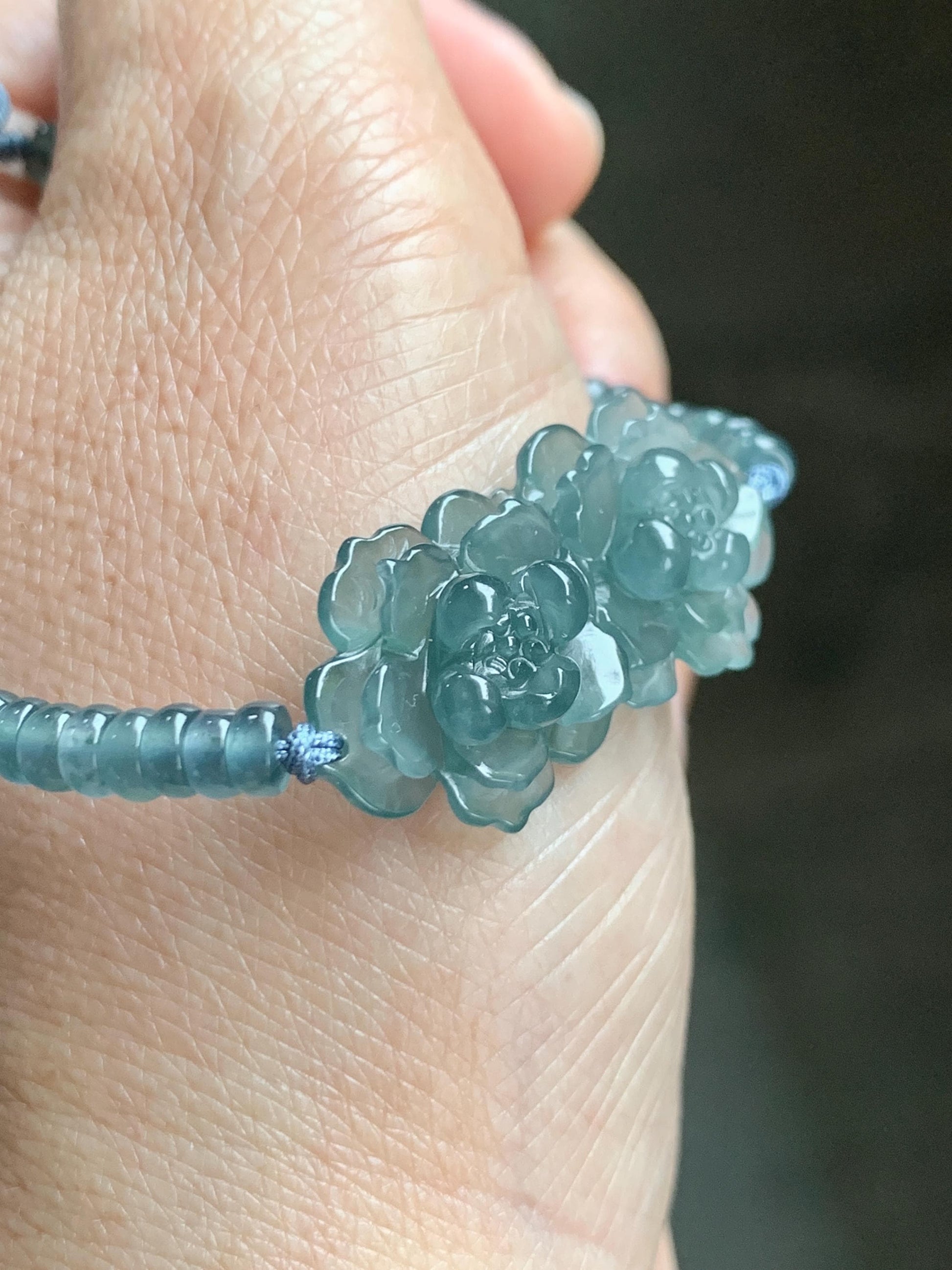 Natural Grade A Guatemalan Icy Translucent Teal Blue Jade Jadeite Double Lotus Flower Beaded Bracelet 6.75” 10g 天然冰胶危蓝起光翡翠双莲花算盘珠手串 WSL188