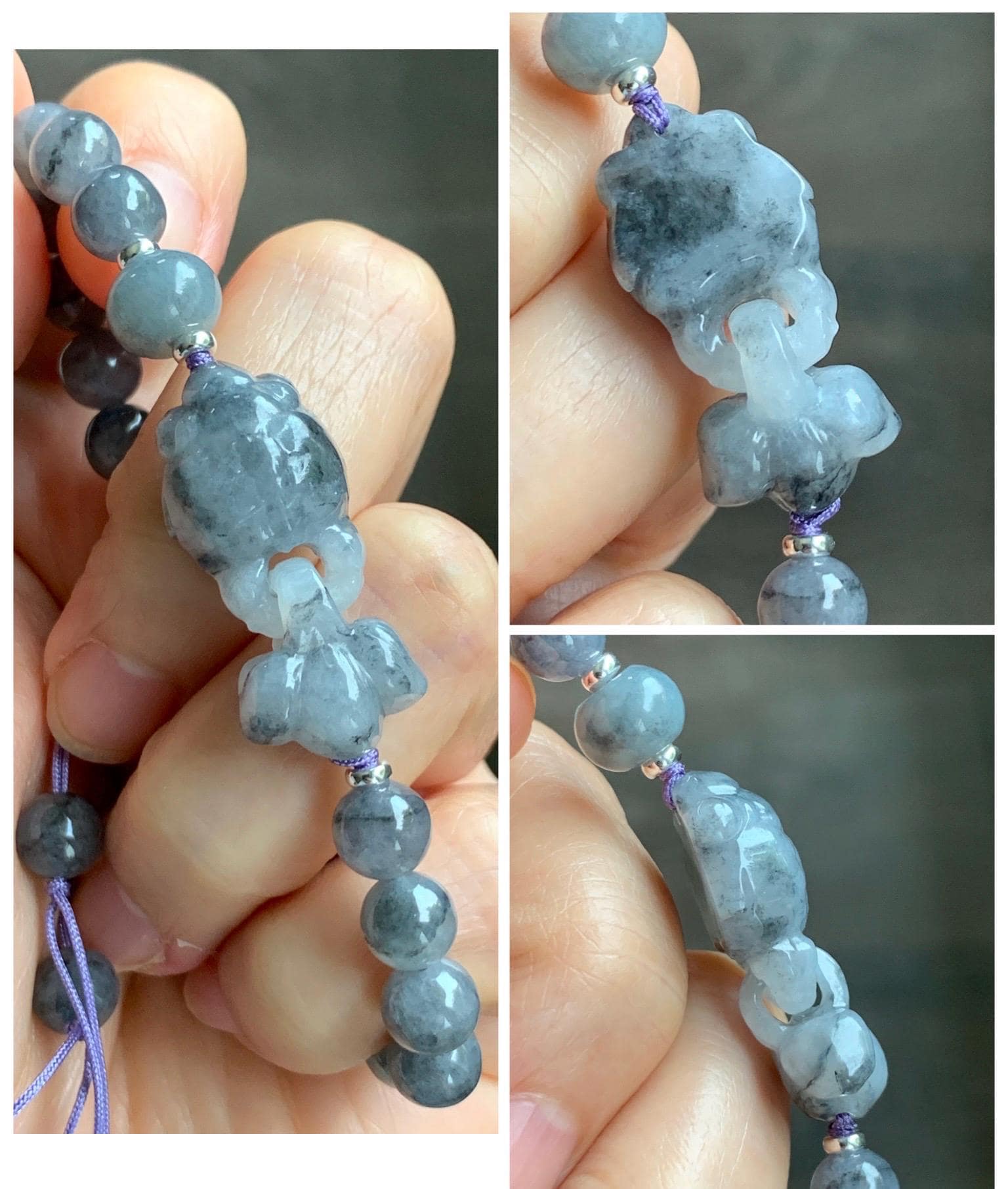 Natural Grade A Icy Translucent Wuji Jade Jadeite Goldfish Interlocking Tail Beaded Bracelet 6.75" 19g Sterling Silver 天然冰胶乌鸡翡翠金鱼圆珠手串 MWJ294