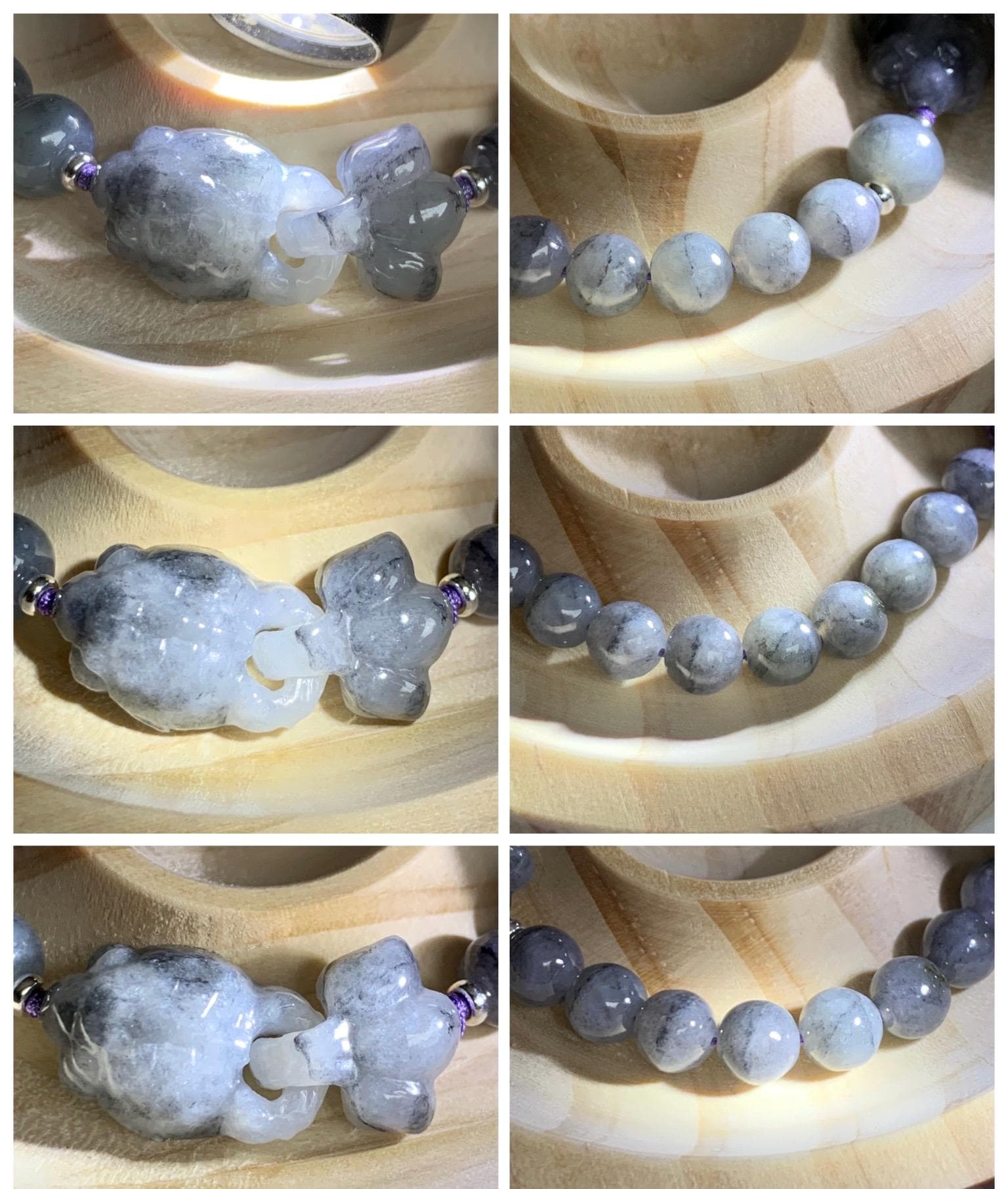 Natural Grade A Icy Translucent Wuji Jade Jadeite Goldfish Interlocking Tail Beaded Bracelet 6.75" 19g Sterling Silver 天然冰胶乌鸡翡翠金鱼圆珠手串 MWJ294