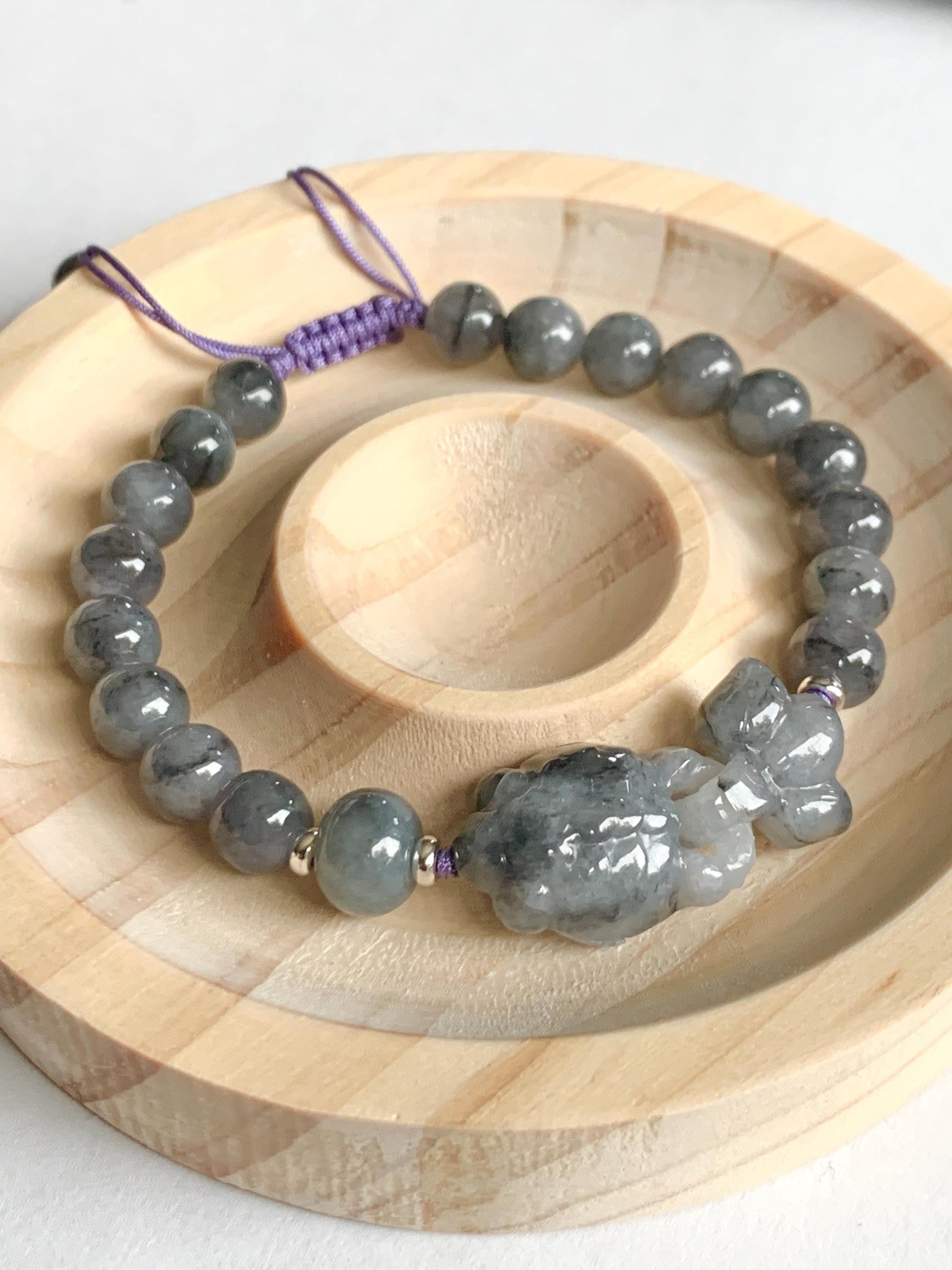 Natural Grade A Icy Translucent Wuji Jade Jadeite Goldfish Interlocking Tail Beaded Bracelet 6.75" 19g Sterling Silver 天然冰胶乌鸡翡翠金鱼圆珠手串 MWJ294