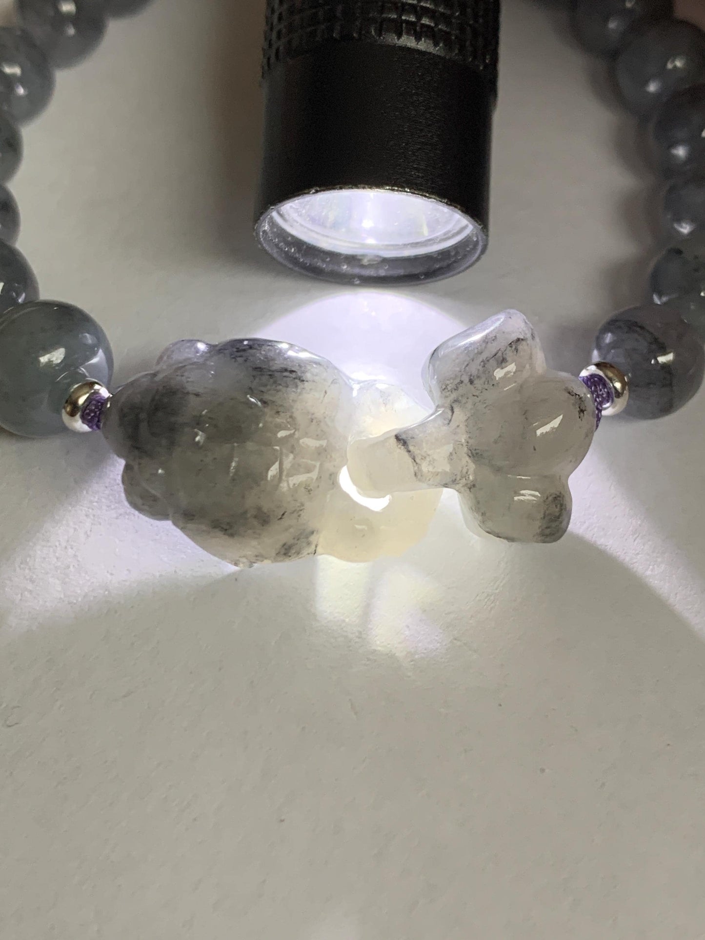 Natural Grade A Icy Translucent Wuji Jade Jadeite Goldfish Interlocking Tail Beaded Bracelet 6.75" 19g Sterling Silver 天然冰胶乌鸡翡翠金鱼圆珠手串 MWJ294