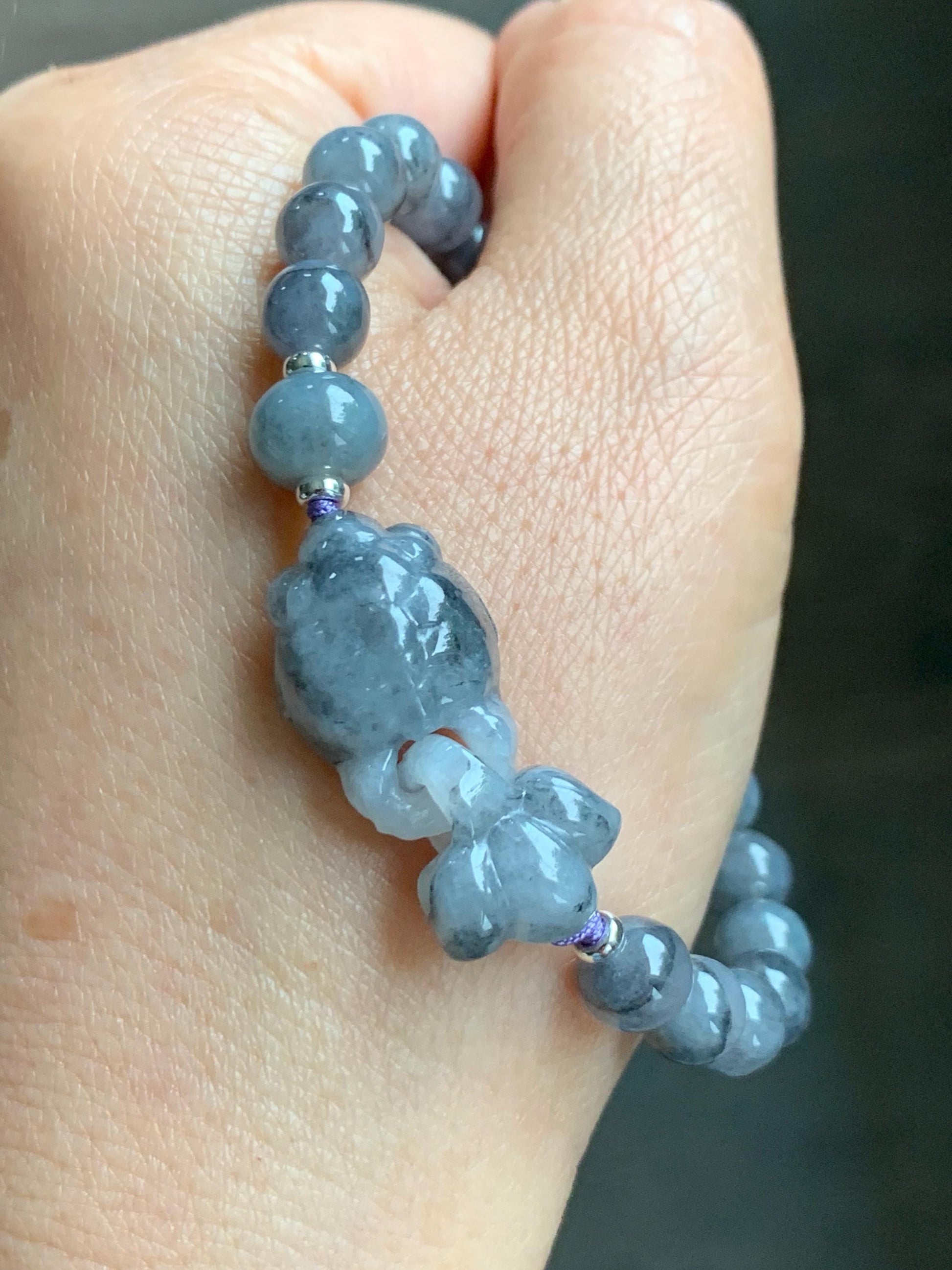 Natural Grade A Icy Translucent Wuji Jade Jadeite Goldfish Interlocking Tail Beaded Bracelet 6.75" 19g Sterling Silver 天然冰胶乌鸡翡翠金鱼圆珠手串 MWJ294