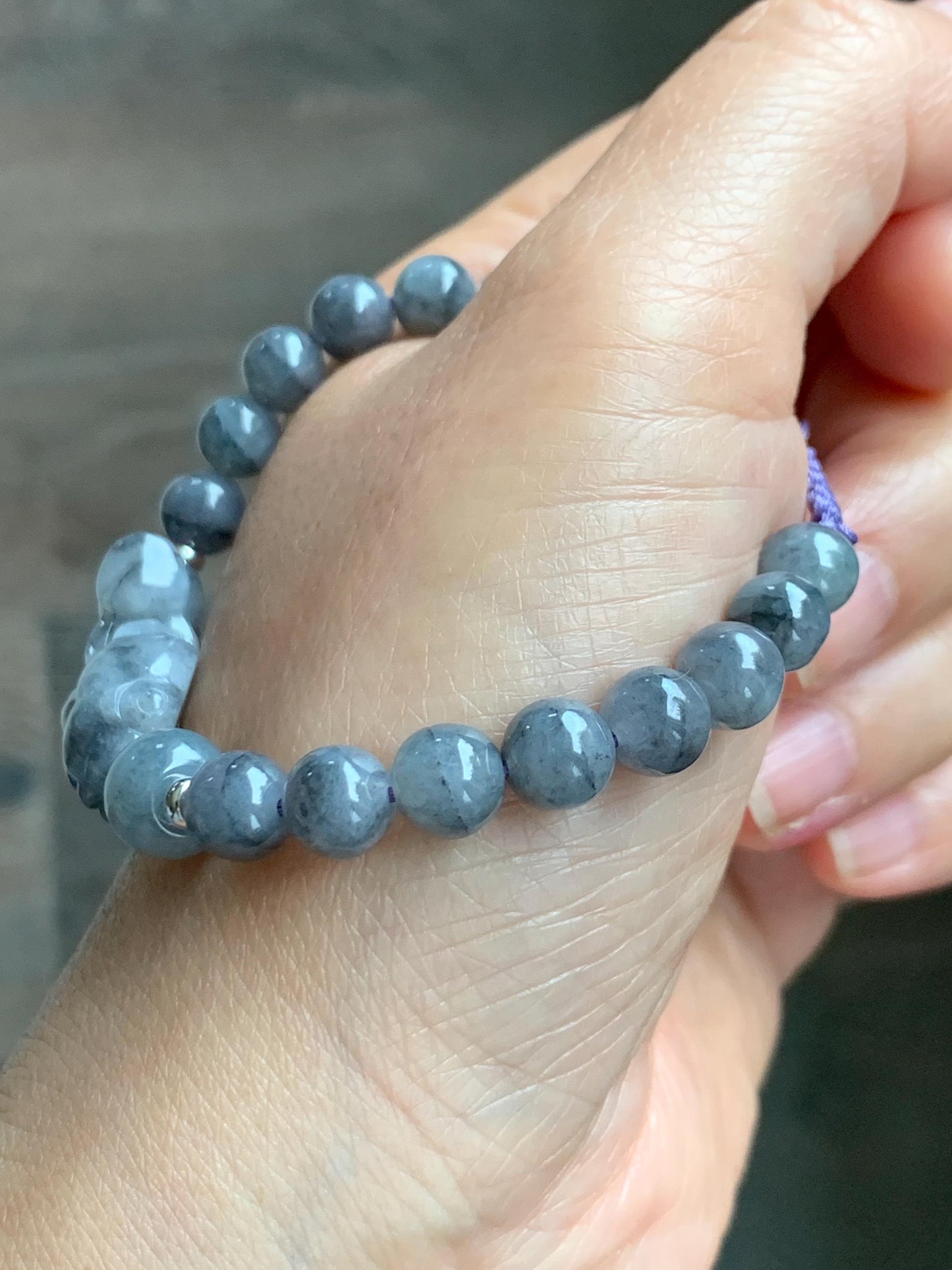 Natural Grade A Icy Translucent Wuji Jade Jadeite Goldfish Interlocking Tail Beaded Bracelet 6.75" 19g Sterling Silver 天然冰胶乌鸡翡翠金鱼圆珠手串 MWJ294
