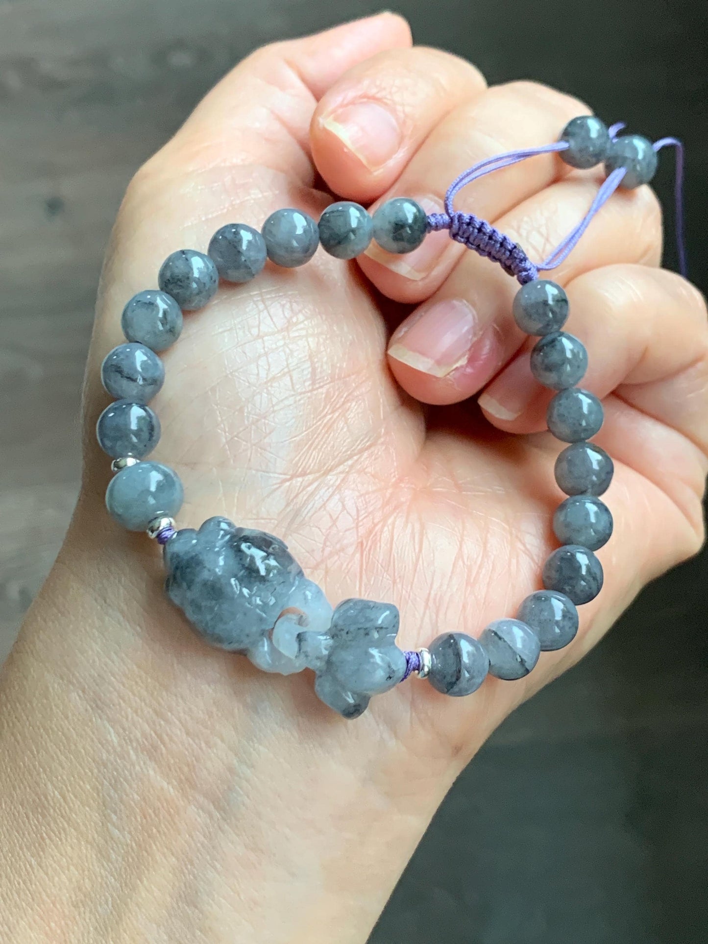 Natural Grade A Icy Translucent Wuji Jade Jadeite Goldfish Interlocking Tail Beaded Bracelet 6.75" 19g Sterling Silver 天然冰胶乌鸡翡翠金鱼圆珠手串 MWJ294
