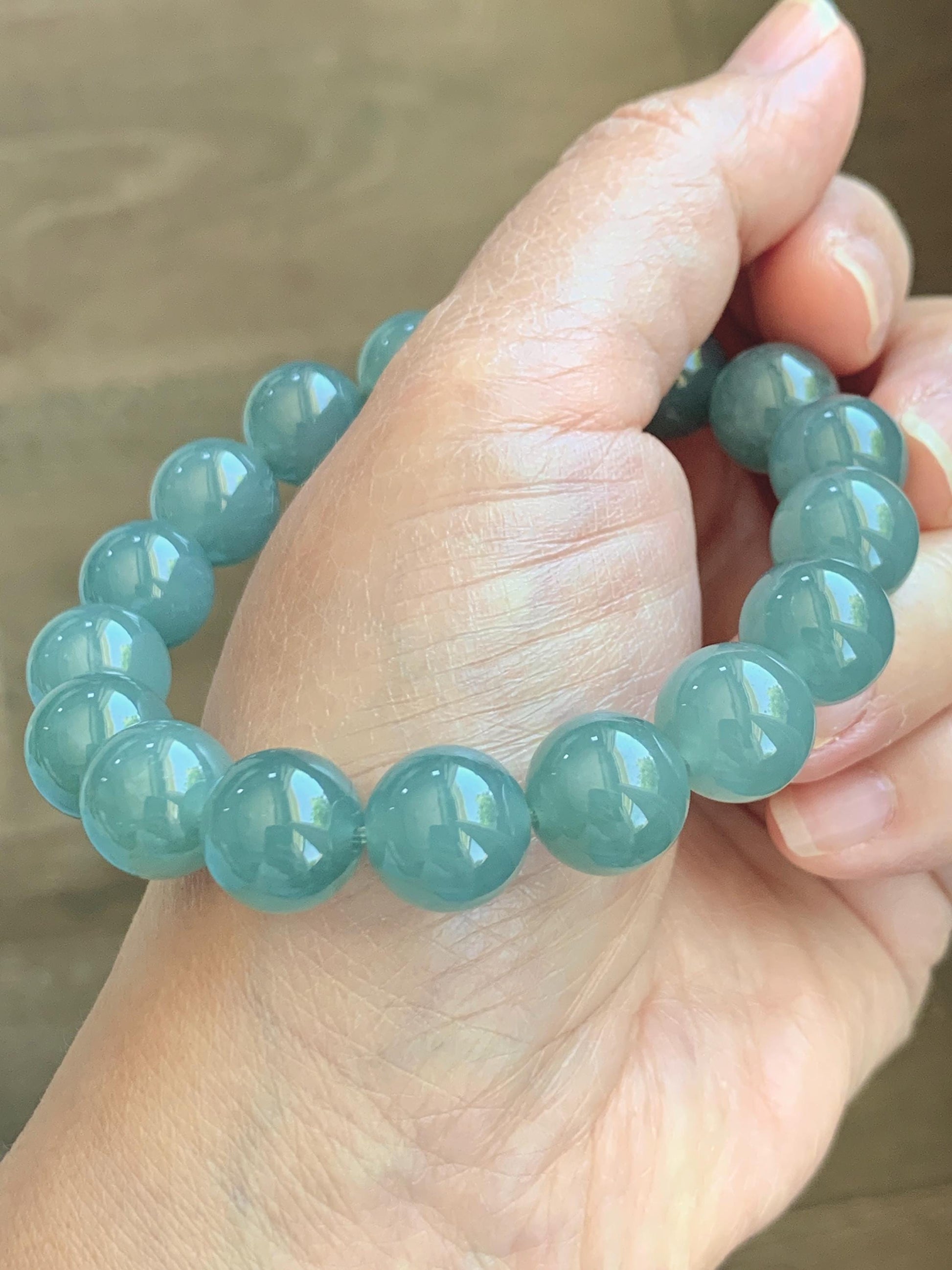 Natural Grade A Guatemalan Icy Translucent Dusty Teal Blue Jade Jadeite Beaded Bracelet 11.8mm-11.9mm 7.5” 49g 天然冰胶危蓝翡翠手串 WDL275