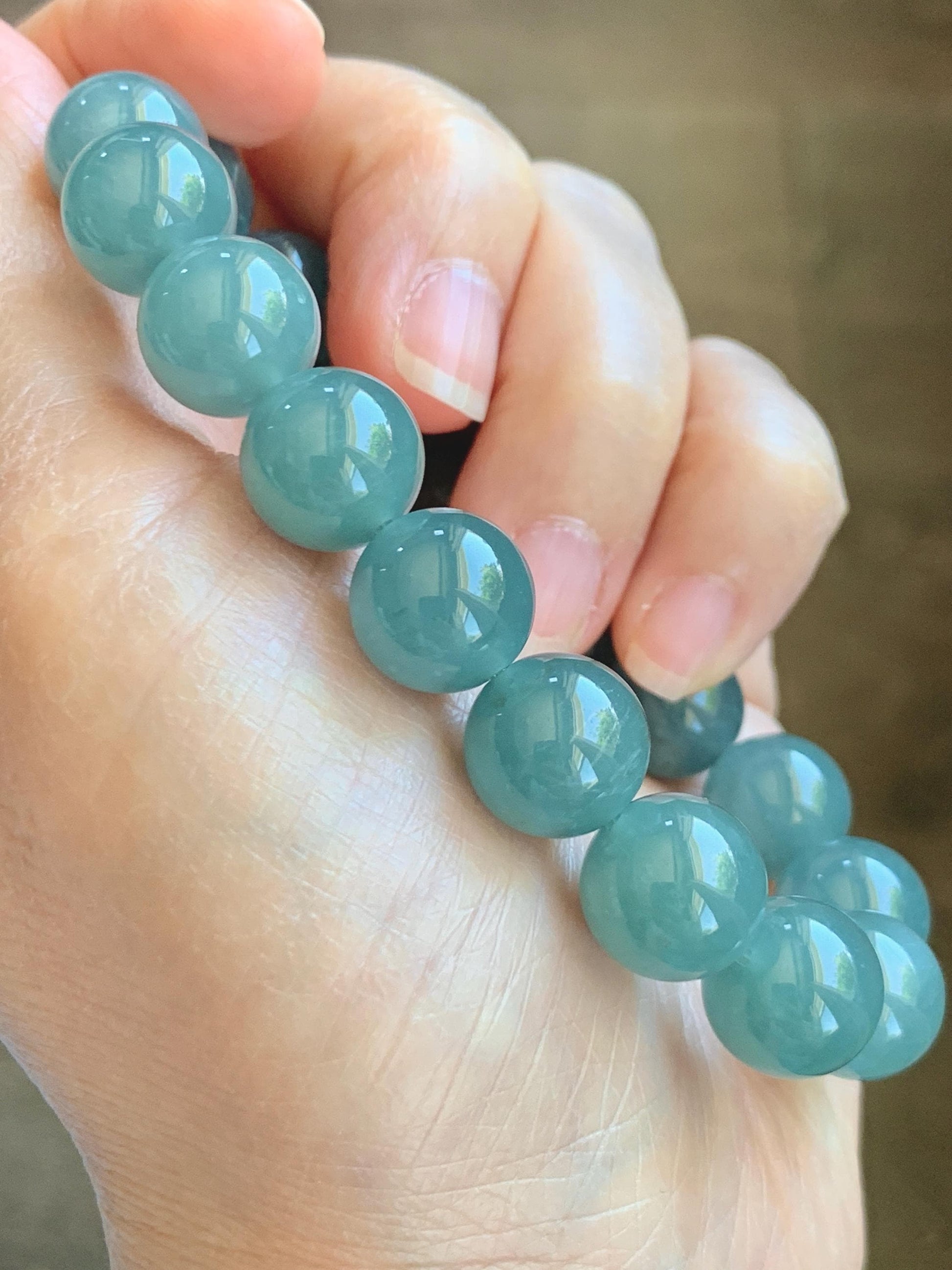Natural Grade A Guatemalan Icy Translucent Dusty Teal Blue Jade Jadeite Beaded Bracelet 11.8mm-11.9mm 7.5” 49g 天然冰胶危蓝翡翠手串 WDL275