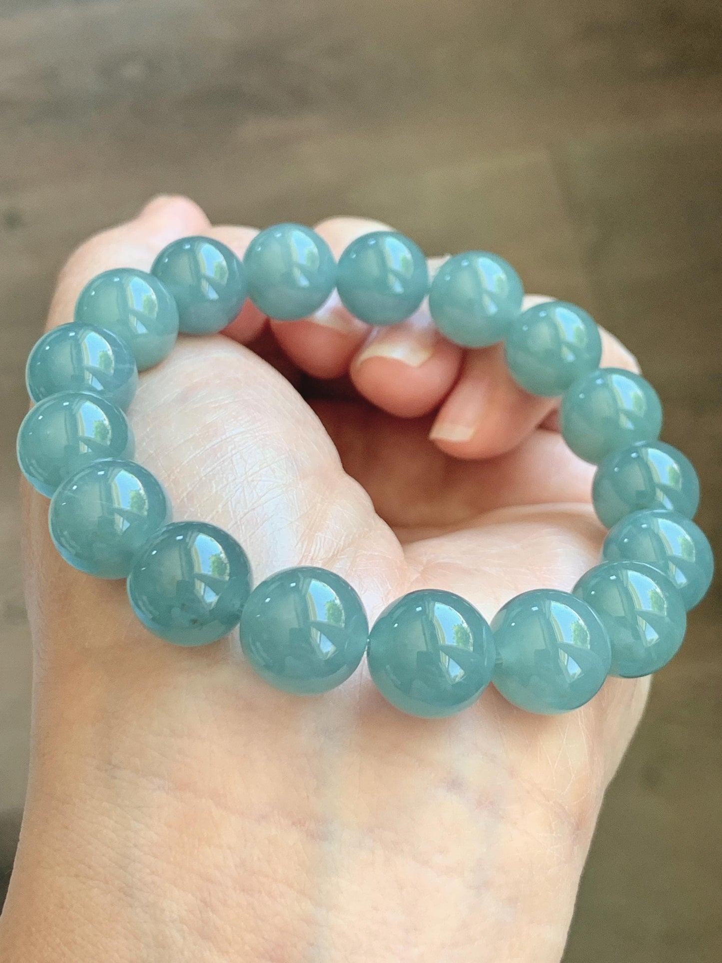 Natural Grade A Guatemalan Icy Translucent Dusty Teal Blue Jade Jadeite Beaded Bracelet 11.8mm-11.9mm 7.5” 49g 天然冰胶危蓝翡翠手串 WDL275