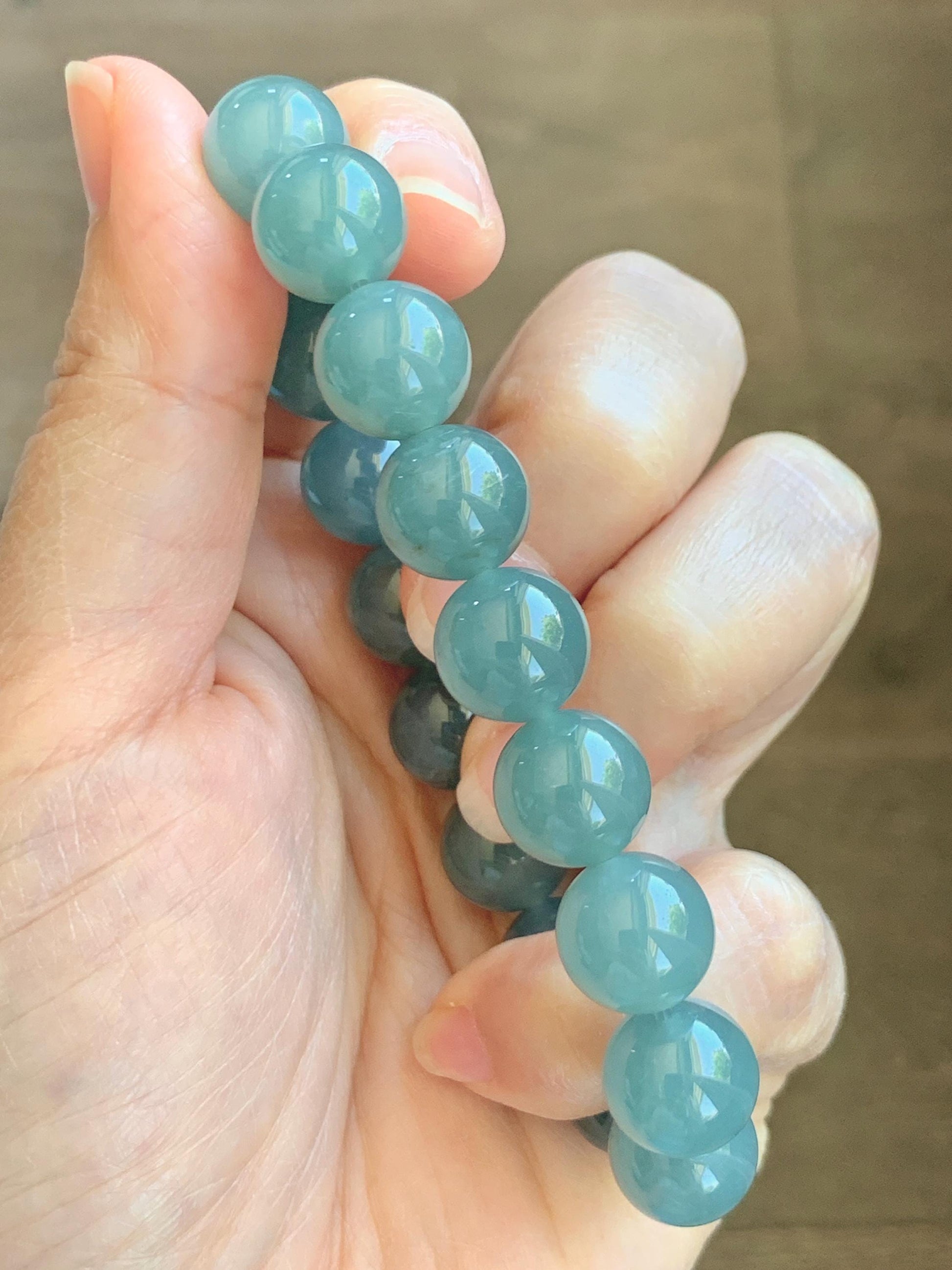 Natural Grade A Guatemalan Icy Translucent Dusty Teal Blue Jade Jadeite Beaded Bracelet 11.8mm-11.9mm 7.5” 49g 天然冰胶危蓝翡翠手串 WDL275