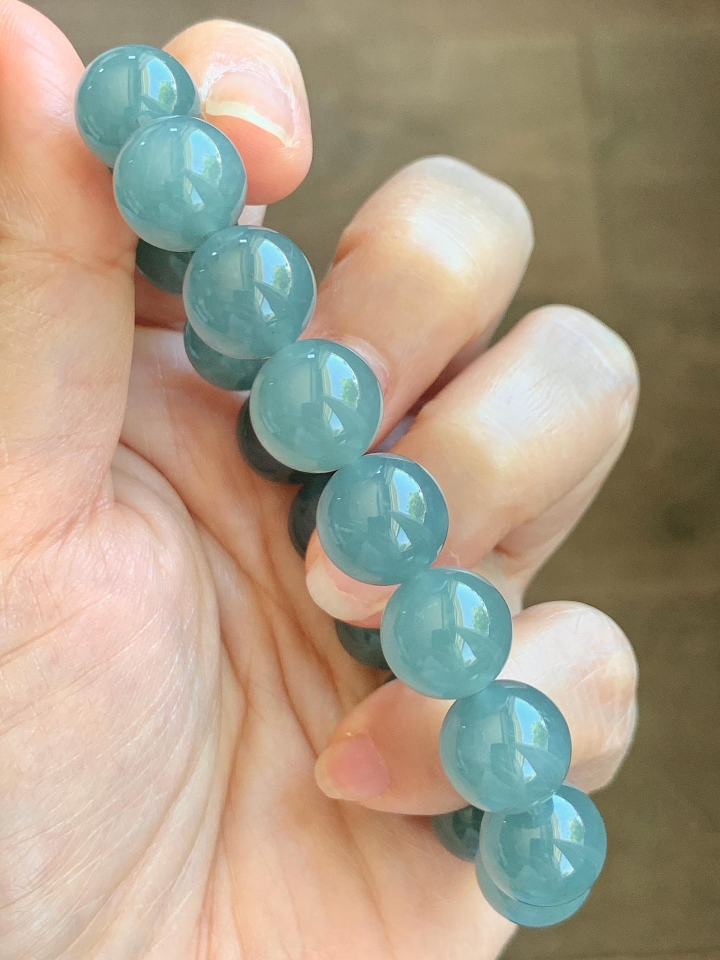 Natural Grade A Guatemalan Icy Translucent Dusty Teal Blue Jade Jadeite Beaded Bracelet 11.8mm-11.9mm 7.5” 49g 天然冰胶危蓝翡翠手串 WDL275