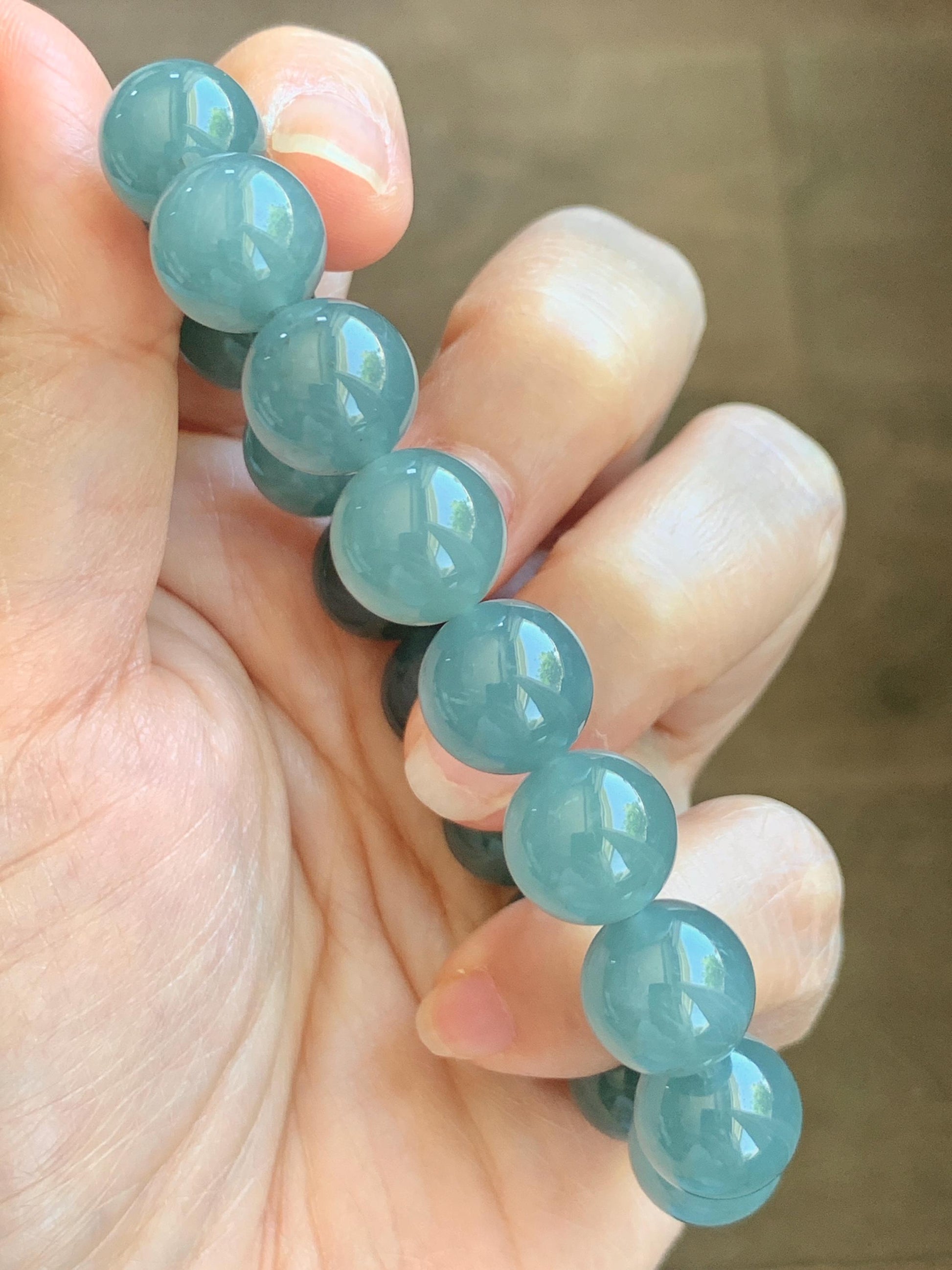 Natural Grade A Guatemalan Icy Translucent Dusty Teal Blue Jade Jadeite Beaded Bracelet 11.8mm-11.9mm 7.5” 49g 天然冰胶危蓝翡翠手串 WDL275