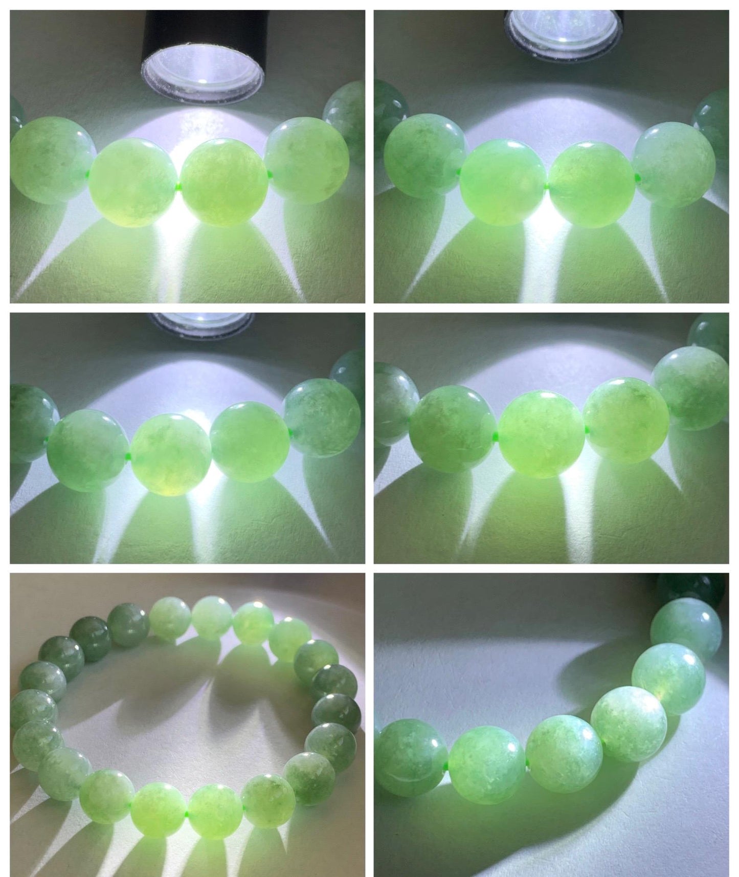 Natural Grade A Icy Highly Translucent Light Apple Green White Marbled Jade Jadeite Beaded Bracelet 9.8mm 7.25” 32g 天然冰浅果绿翡翠圆珠手串 MGL286