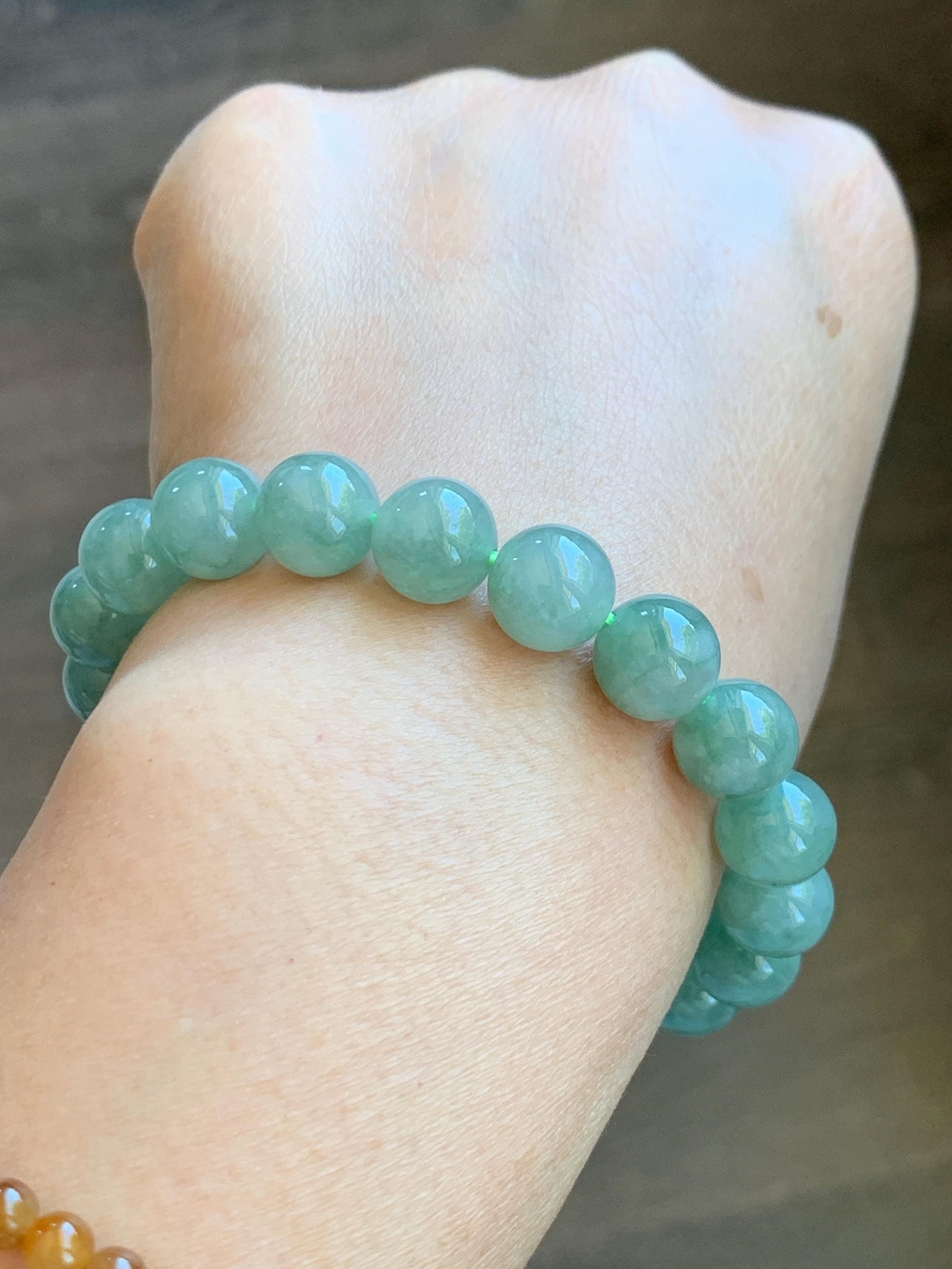 Natural Grade A Icy Highly Translucent Light Apple Green White Marbled Jade Jadeite Beaded Bracelet 9.8mm 7.25” 32g 天然冰浅果绿翡翠圆珠手串 MGL286