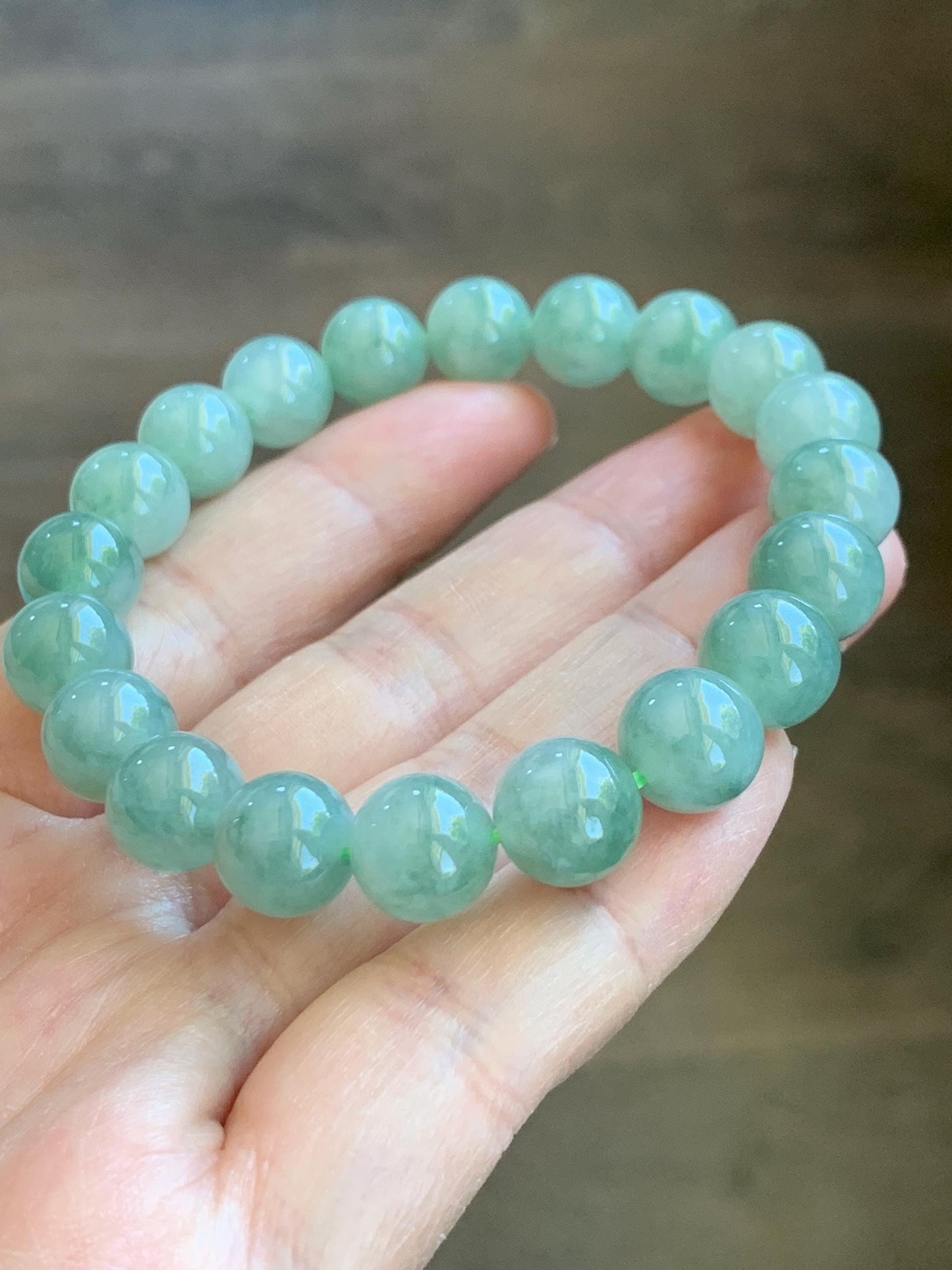 Natural Grade A Icy Highly Translucent Light Apple Green White Marbled Jade Jadeite Beaded Bracelet 9.8mm 7.25” 32g 天然冰浅果绿翡翠圆珠手串 MGL286