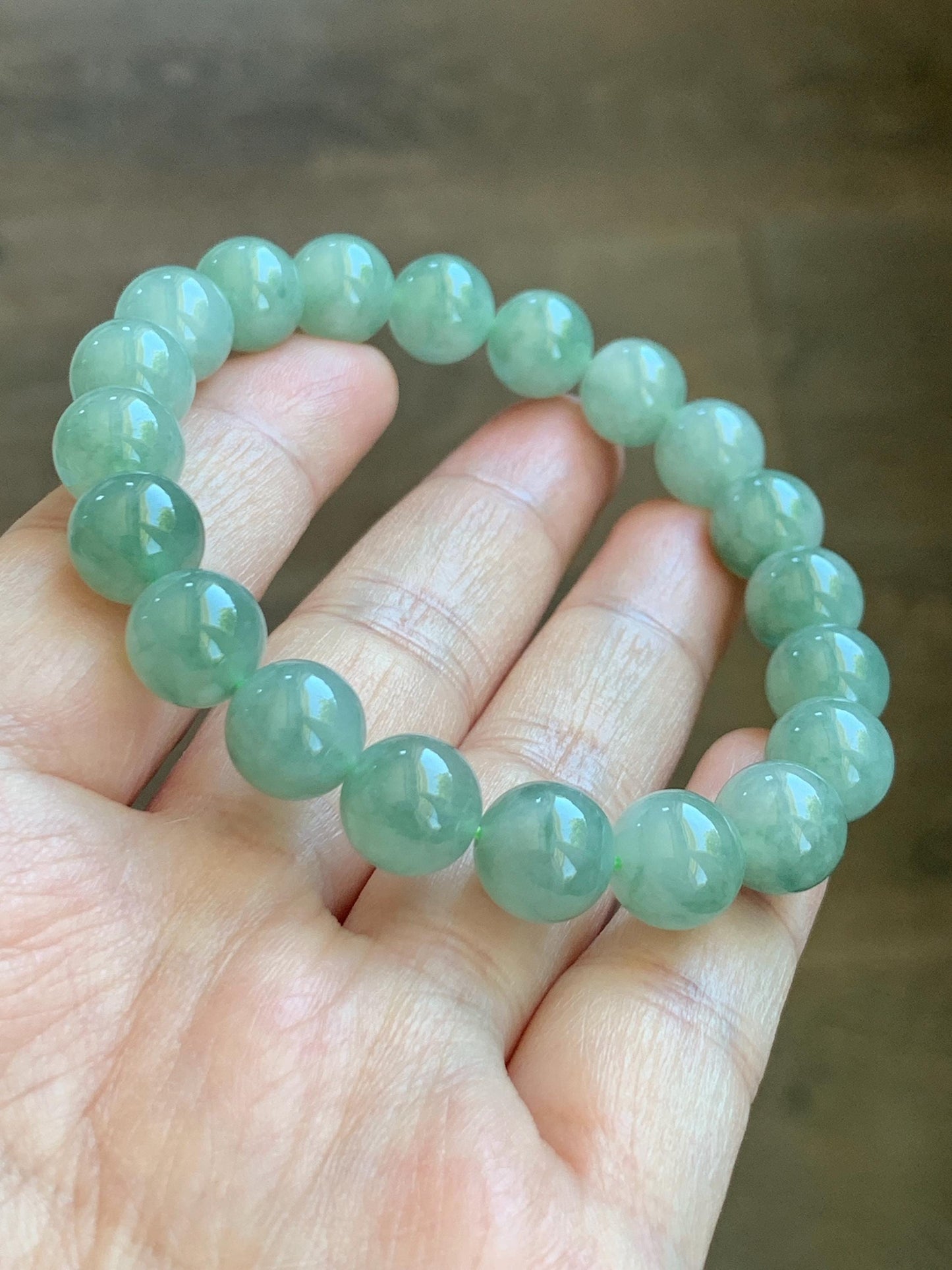 Natural Grade A Icy Highly Translucent Light Apple Green White Marbled Jade Jadeite Beaded Bracelet 9.8mm 7.25” 32g 天然冰浅果绿翡翠圆珠手串 MGL286