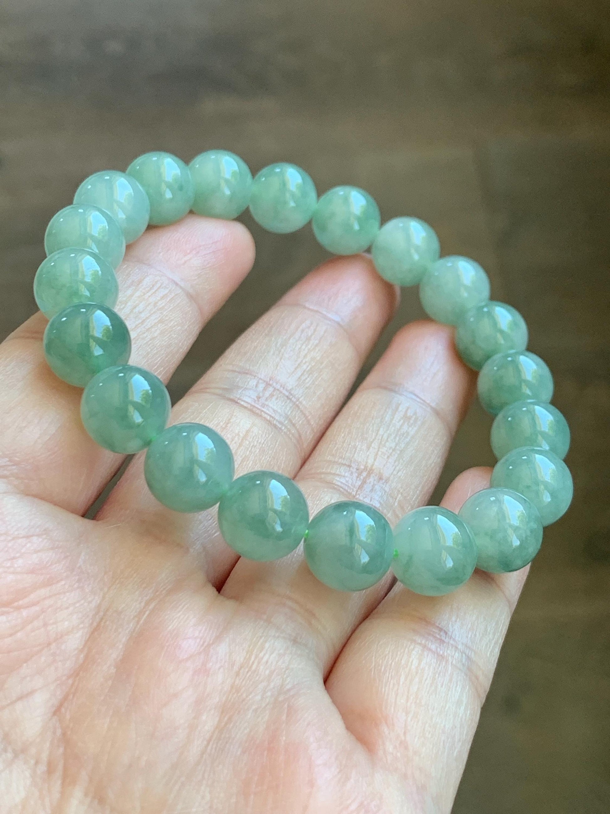 Natural Grade A Icy Highly Translucent Light Apple Green White Marbled Jade Jadeite Beaded Bracelet 9.8mm 7.25” 32g 天然冰浅果绿翡翠圆珠手串 MGL286