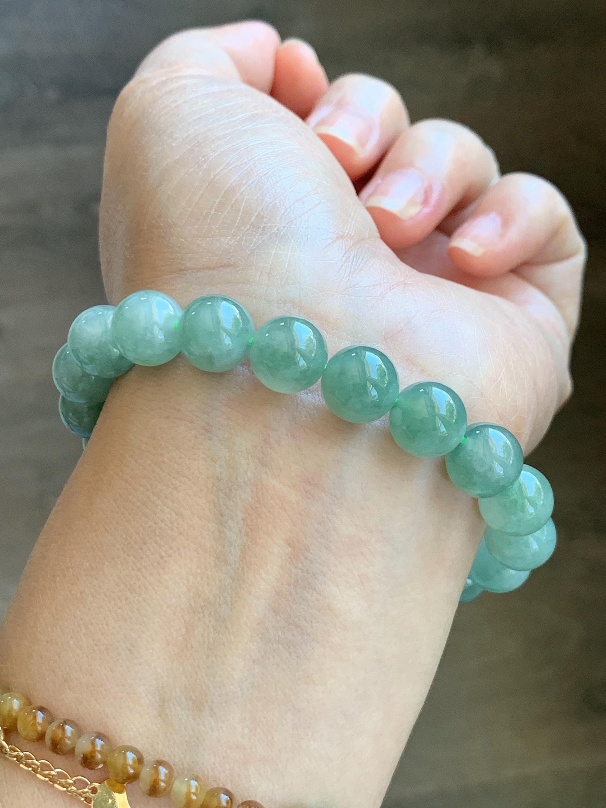 Natural Grade A Icy Highly Translucent Light Apple Green White Marbled Jade Jadeite Beaded Bracelet 9.8mm 7.25” 32g 天然冰浅果绿翡翠圆珠手串 MGL286