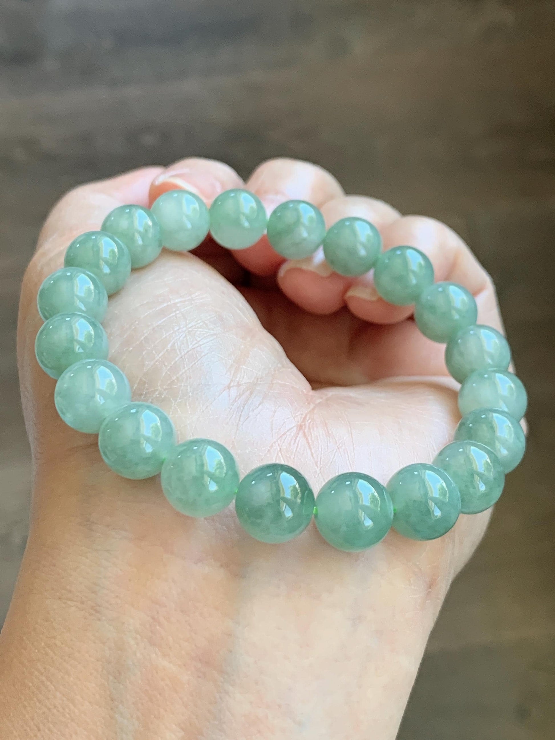 Natural Grade A Icy Highly Translucent Light Apple Green White Marbled Jade Jadeite Beaded Bracelet 9.8mm 7.25” 32g 天然冰浅果绿翡翠圆珠手串 MGL286
