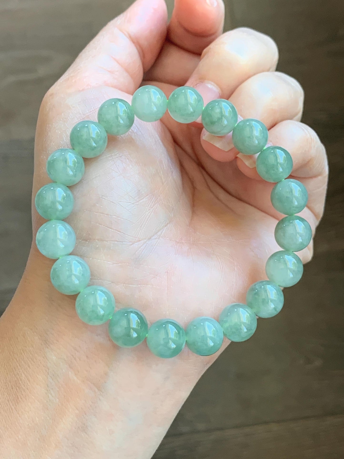 Natural Grade A Icy Highly Translucent Light Apple Green White Marbled Jade Jadeite Beaded Bracelet 9.8mm 7.25” 32g 天然冰浅果绿翡翠圆珠手串 MGL286