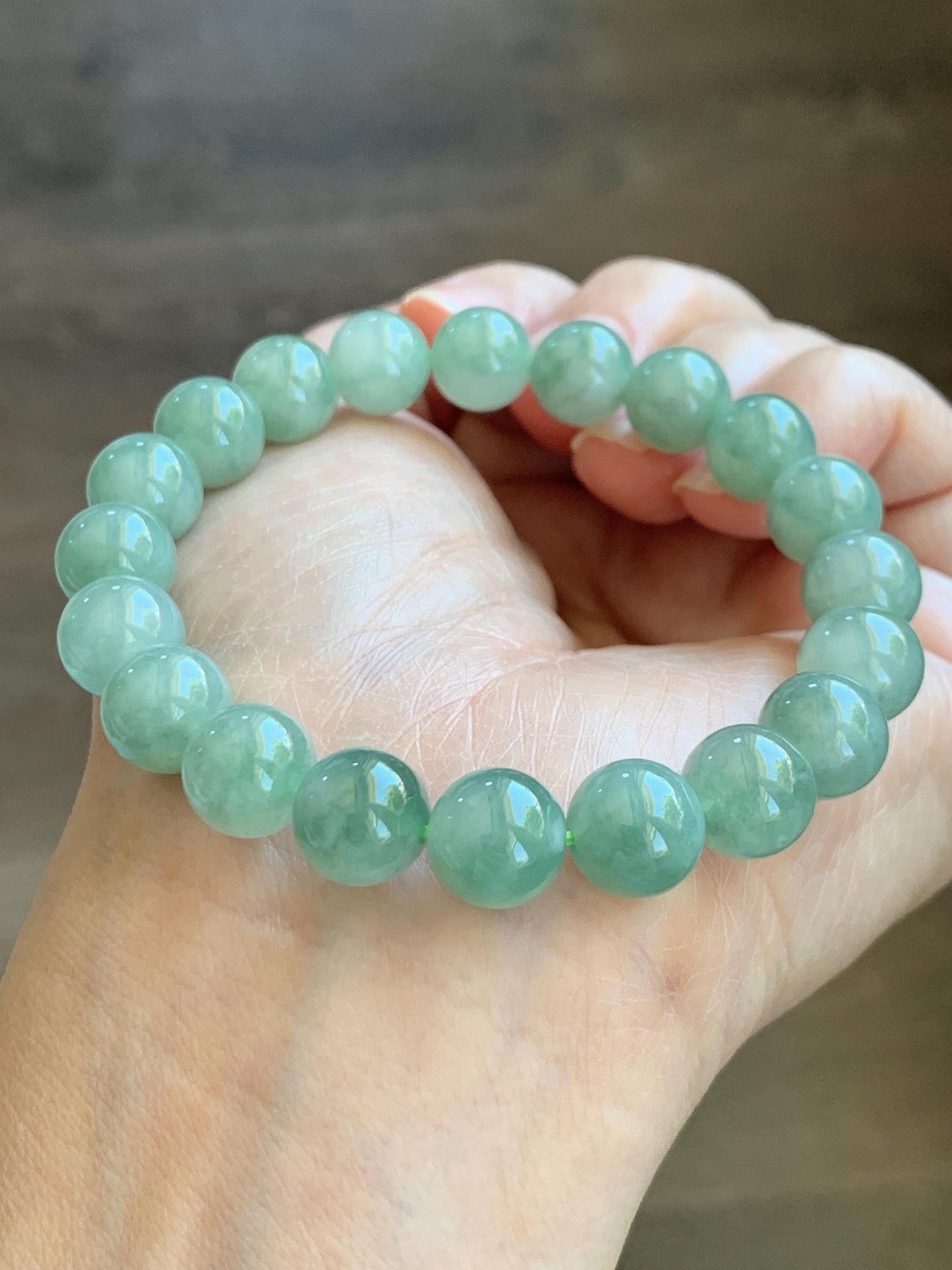 Natural Grade A Icy Highly Translucent Light Apple Green White Marbled Jade Jadeite Beaded Bracelet 9.8mm 7.25” 32g 天然冰浅果绿翡翠圆珠手串 MGL286