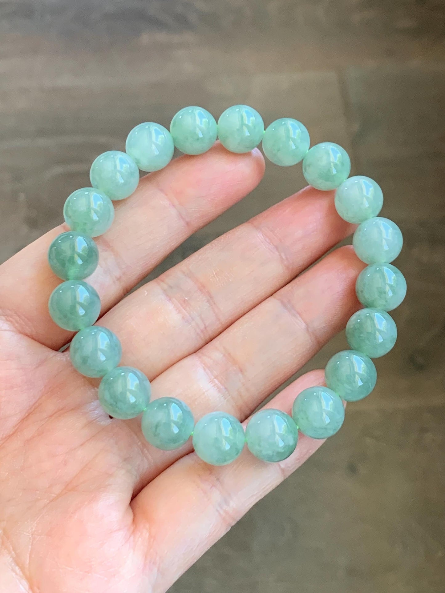 Natural Grade A Icy Highly Translucent Light Apple Green White Marbled Jade Jadeite Beaded Bracelet 9.8mm 7.25” 32g 天然冰浅果绿翡翠圆珠手串 MGL286