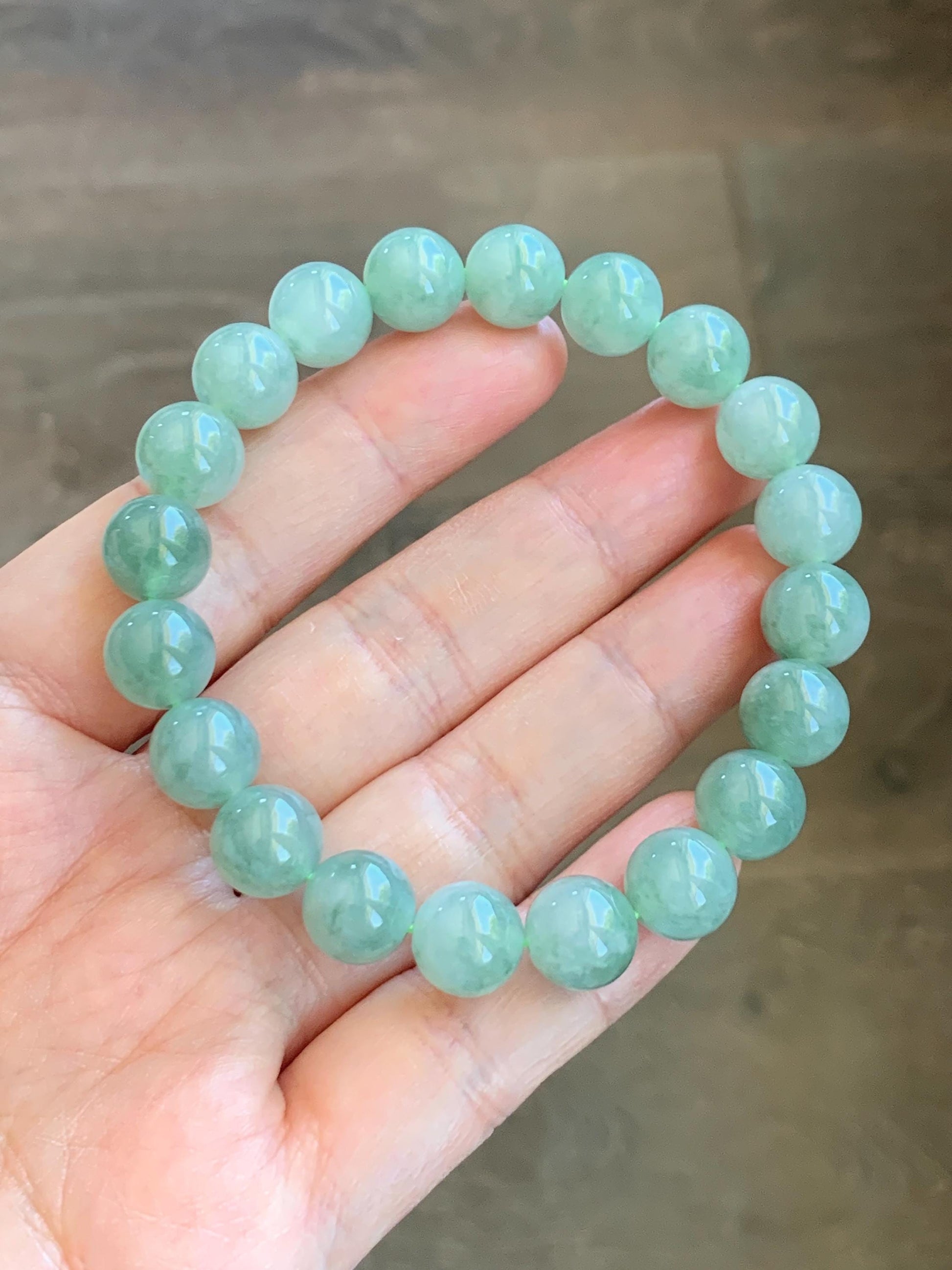Natural Grade A Icy Highly Translucent Light Apple Green White Marbled Jade Jadeite Beaded Bracelet 9.8mm 7.25” 32g 天然冰浅果绿翡翠圆珠手串 MGL286