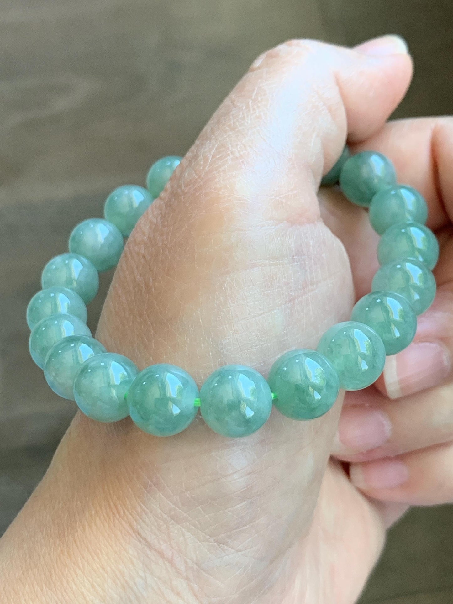 Natural Grade A Icy Highly Translucent Light Apple Green White Marbled Jade Jadeite Beaded Bracelet 9.8mm 7.25” 32g 天然冰浅果绿翡翠圆珠手串 MGL286