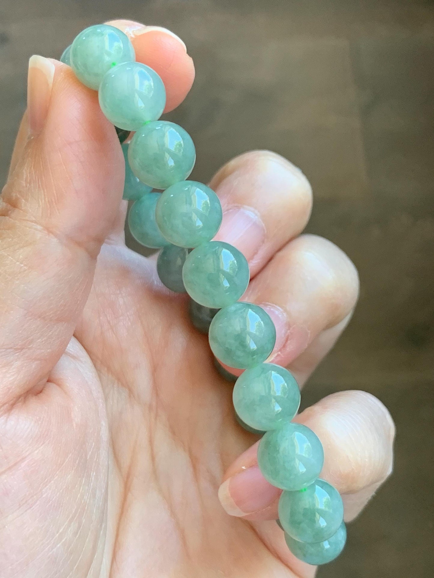 Natural Grade A Icy Highly Translucent Light Apple Green White Marbled Jade Jadeite Beaded Bracelet 9.8mm 7.25” 32g 天然冰浅果绿翡翠圆珠手串 MGL286