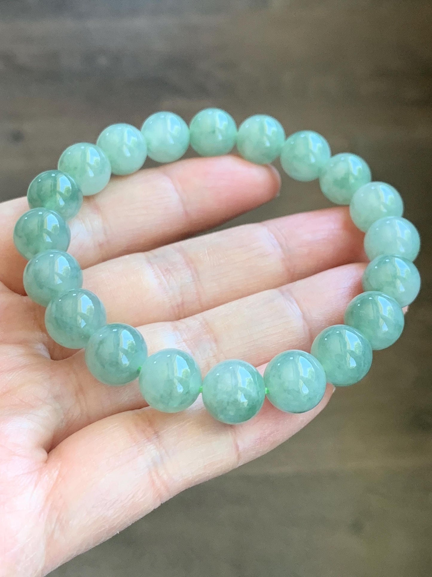 Natural Grade A Icy Highly Translucent Light Apple Green White Marbled Jade Jadeite Beaded Bracelet 9.8mm 7.25” 32g 天然冰浅果绿翡翠圆珠手串 MGL286