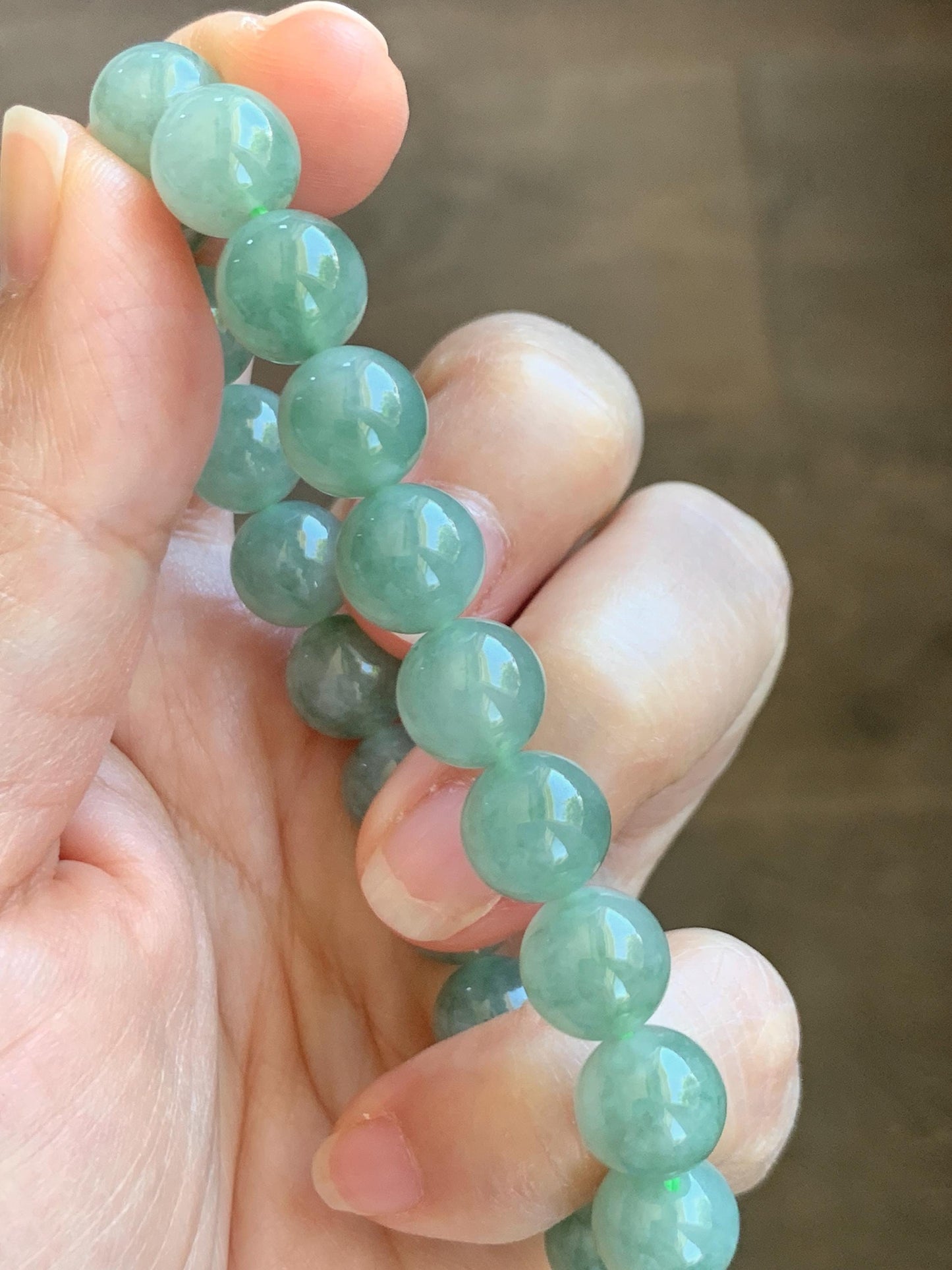 Natural Grade A Icy Highly Translucent Light Apple Green White Marbled Jade Jadeite Beaded Bracelet 9.8mm 7.25” 32g 天然冰浅果绿翡翠圆珠手串 MGL286