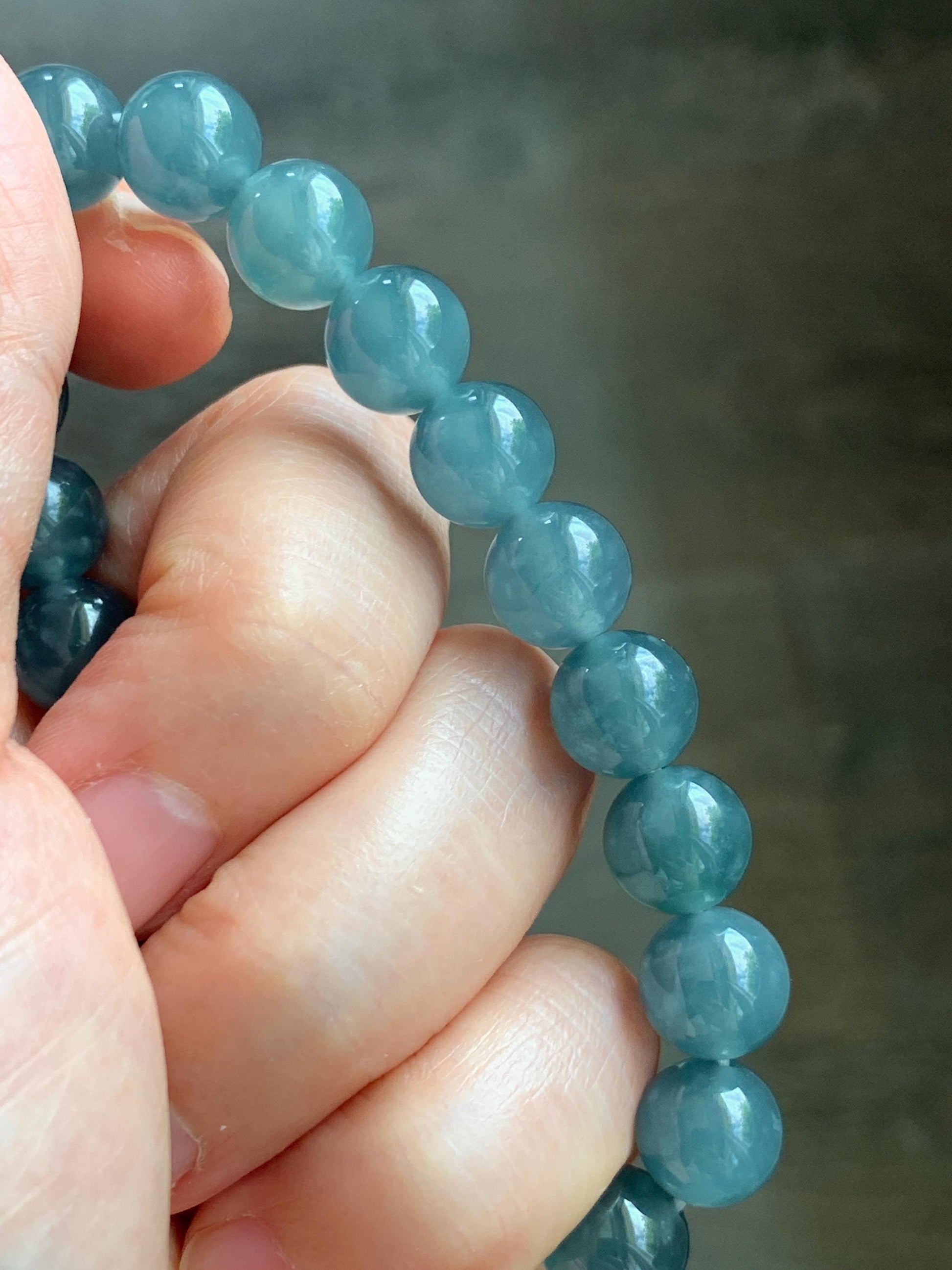 Natural Grade A Guatemalan Icy Translucent Dusty Blue Jade Jadeite Beaded Bracelet 9.6mm 7.25” 30g 天然冰胶危灰蓝翡翠手串 WZL275