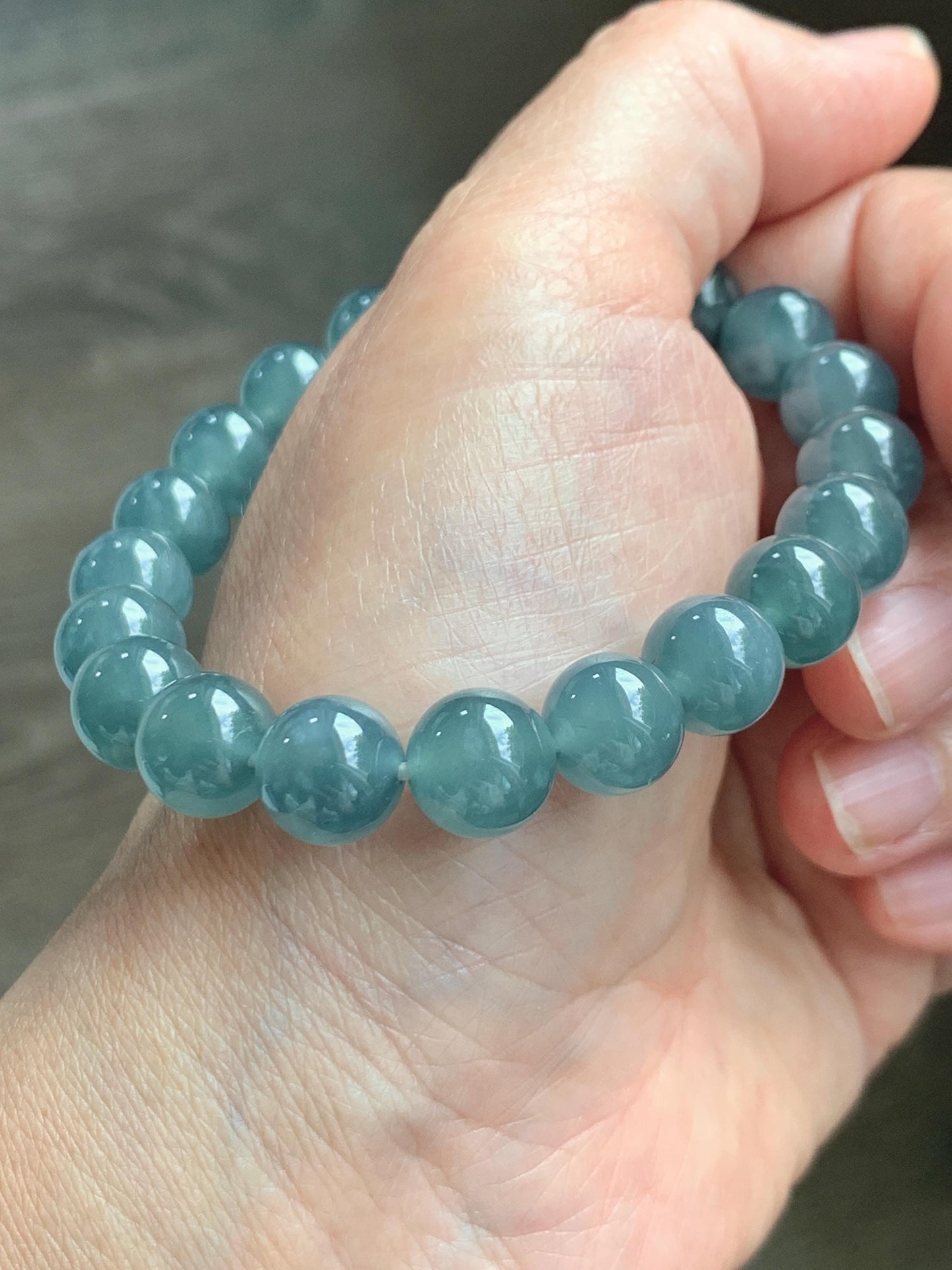 Natural Grade A Guatemalan Icy Translucent Dusty Blue Jade Jadeite Beaded Bracelet 9.6mm 7.25” 30g 天然冰胶危灰蓝翡翠手串 WZL275
