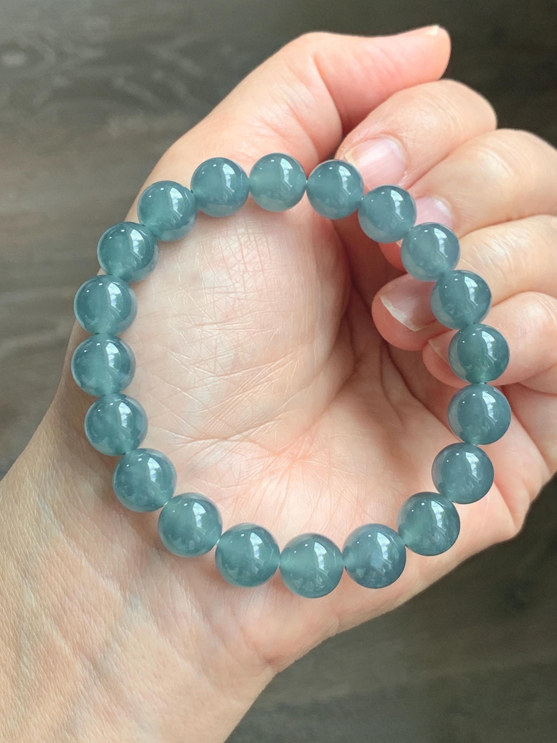 Natural Grade A Guatemalan Icy Translucent Dusty Blue Jade Jadeite Beaded Bracelet 9.6mm 7.25” 30g 天然冰胶危灰蓝翡翠手串 WZL275