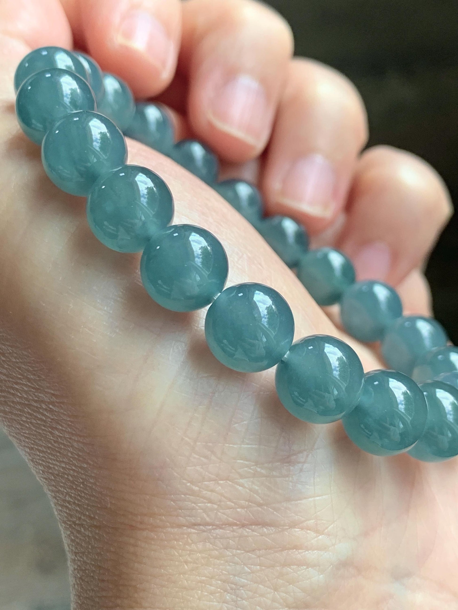 Natural Grade A Guatemalan Icy Translucent Dusty Blue Jade Jadeite Beaded Bracelet 9.6mm 7.25” 30g 天然冰胶危灰蓝翡翠手串 WZL275