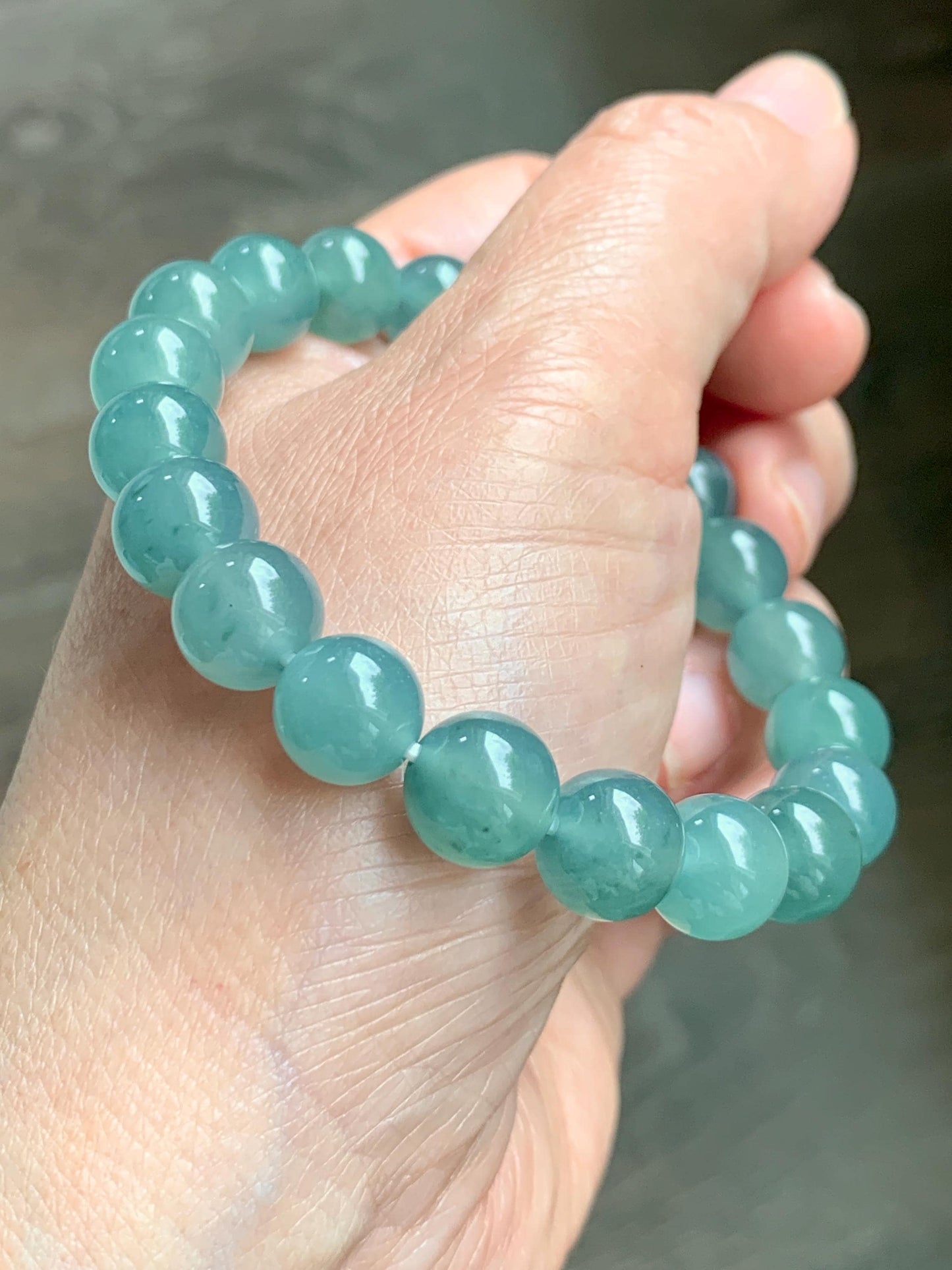 Natural Grade A Guatemalan Icy Translucent Dusty Teal Jade Jadeite Beaded Bracelet 9.8mm 7.25” 32g 天然冰胶危蓝绿翡翠手串 WLU272