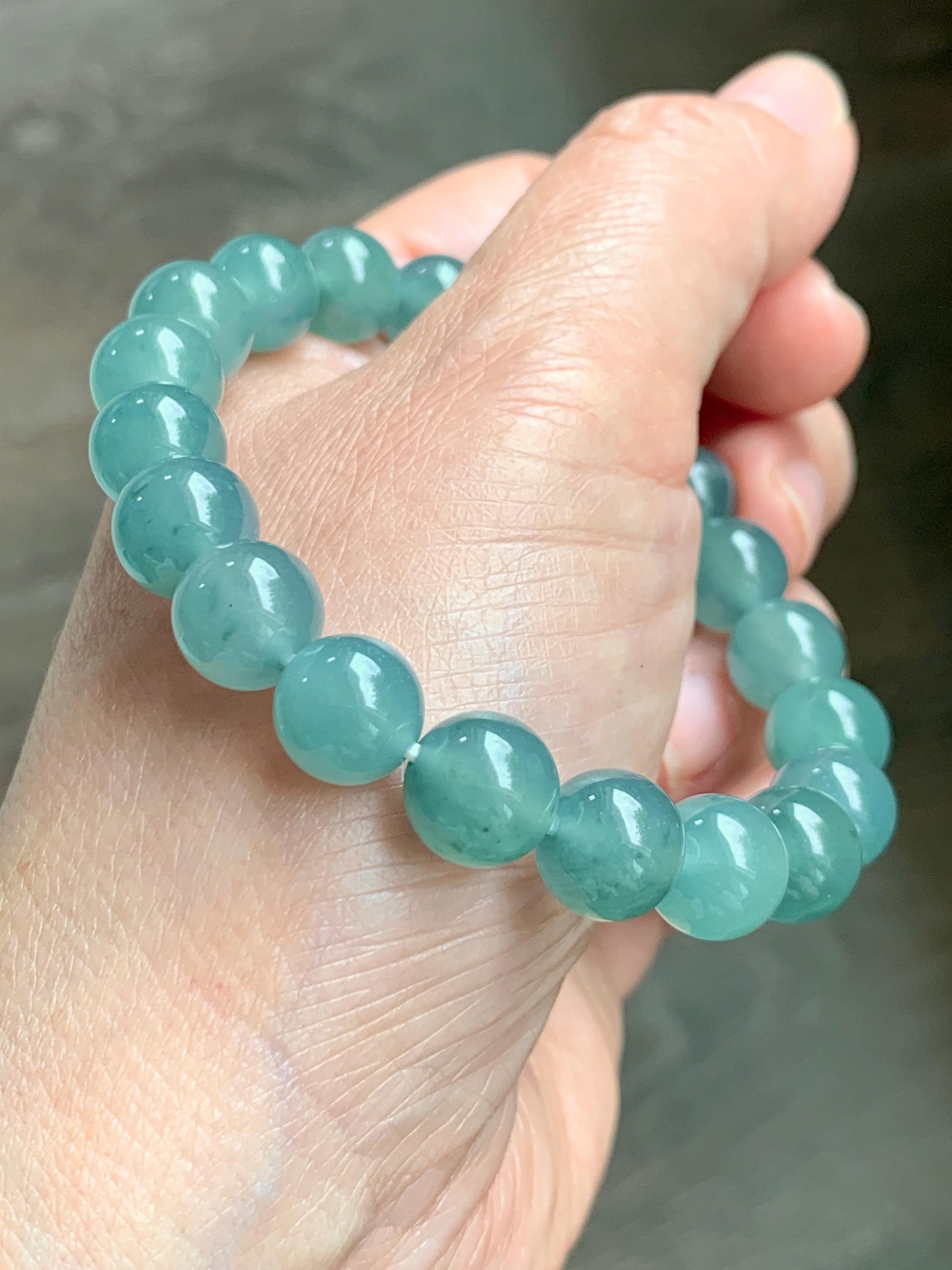Natural Grade A Guatemalan Icy Translucent Dusty Teal Jade Jadeite Beaded Bracelet 9.8mm 7.25” 32g 天然冰胶危蓝绿翡翠手串 WLU272