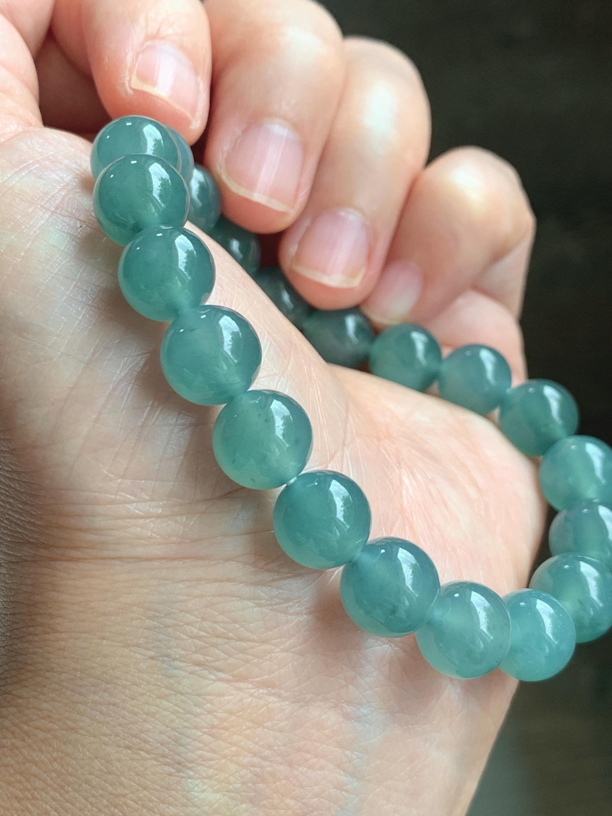 Natural Grade A Guatemalan Icy Translucent Dusty Teal Jade Jadeite Beaded Bracelet 9.8mm 7.25” 32g 天然冰胶危蓝绿翡翠手串 WLU272
