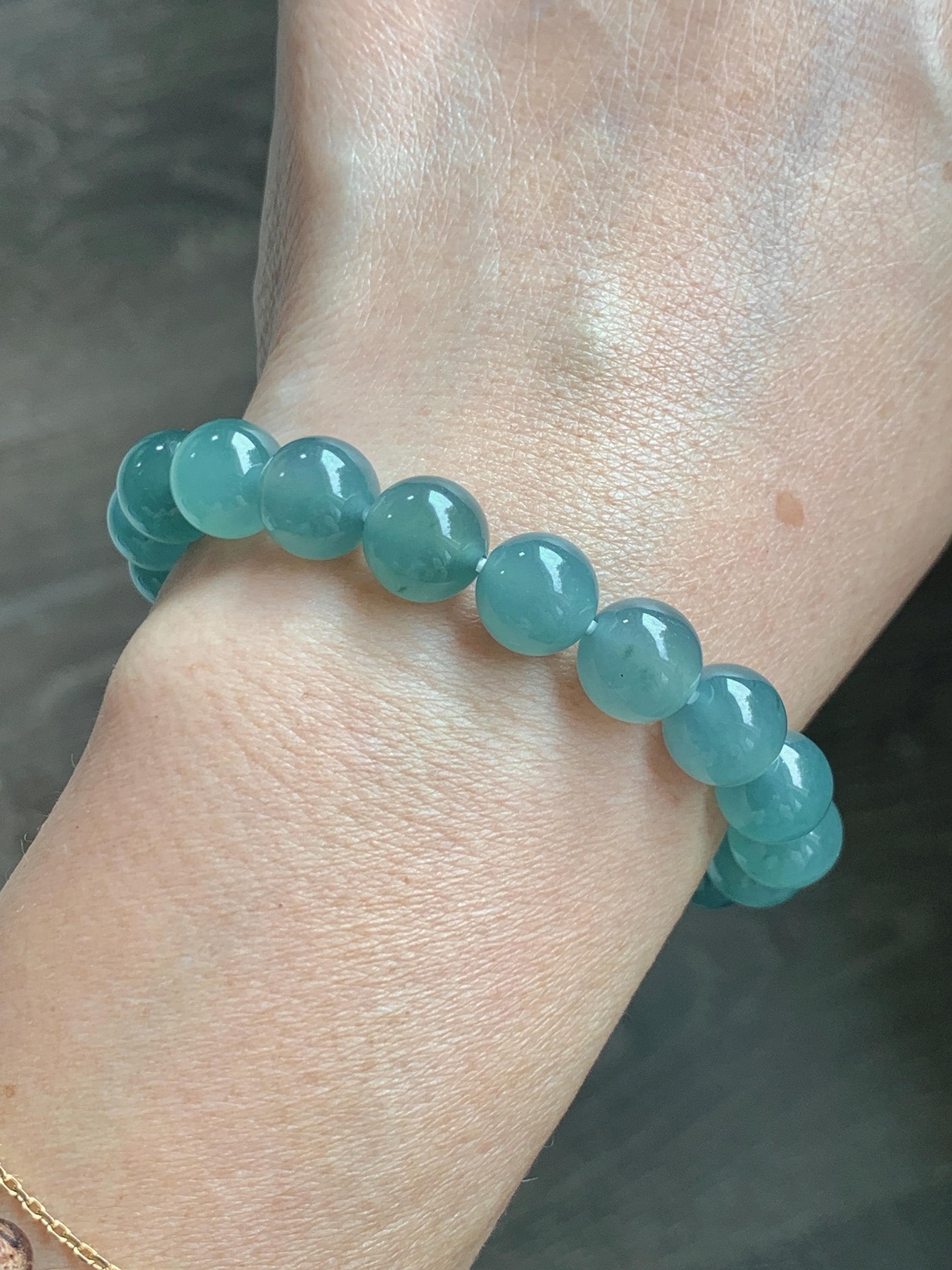 Natural Grade A Guatemalan Icy Translucent Dusty Teal Jade Jadeite Beaded Bracelet 9.8mm 7.25” 32g 天然冰胶危蓝绿翡翠手串 WLU272