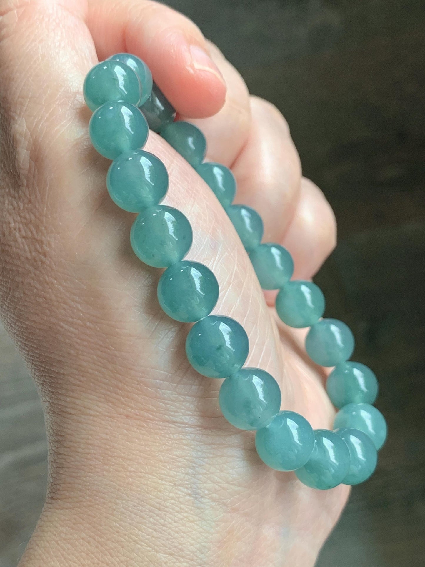 Natural Grade A Guatemalan Icy Translucent Dusty Teal Jade Jadeite Beaded Bracelet 9.8mm 7.25” 32g 天然冰胶危蓝绿翡翠手串 WLU272