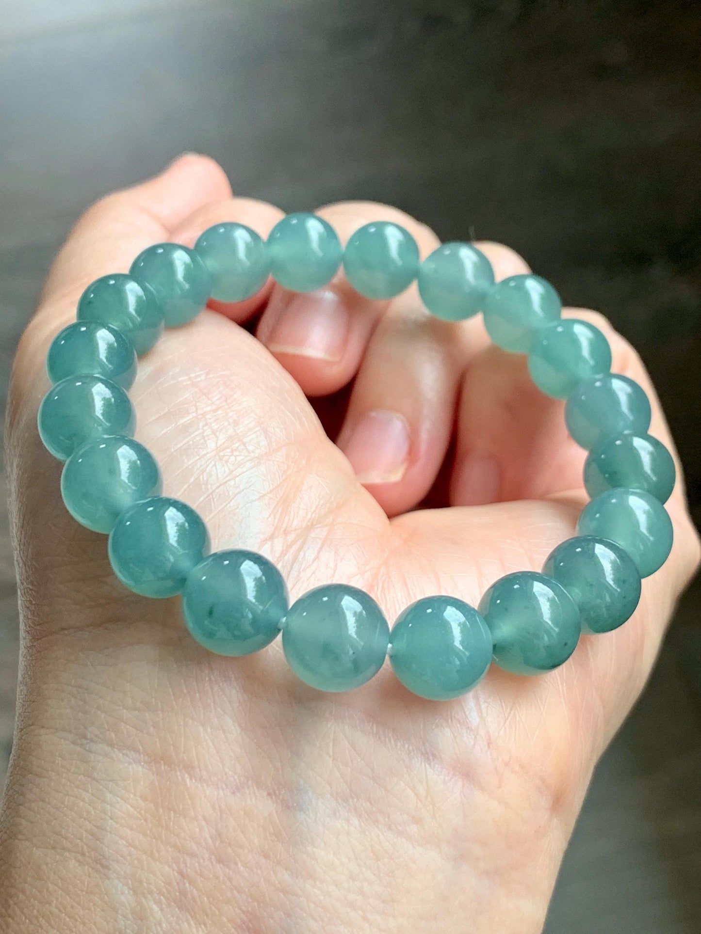 Natural Grade A Guatemalan Icy Translucent Dusty Teal Jade Jadeite Beaded Bracelet 9.8mm 7.25” 32g 天然冰胶危蓝绿翡翠手串 WLU272