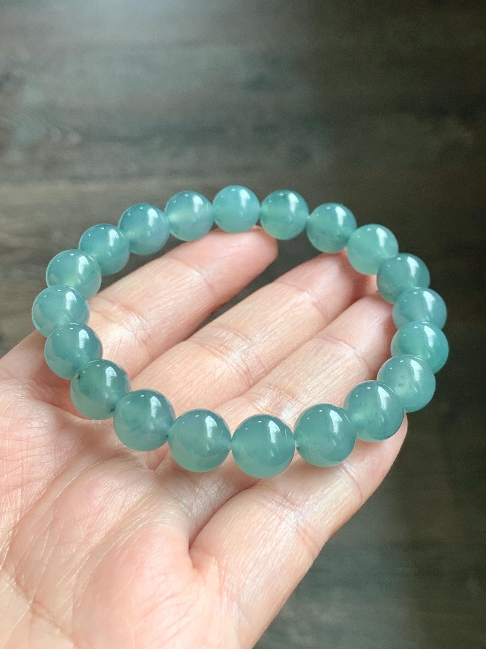 Natural Grade A Guatemalan Icy Translucent Dusty Teal Jade Jadeite Beaded Bracelet 9.8mm 7.25” 32g 天然冰胶危蓝绿翡翠手串 WLU272
