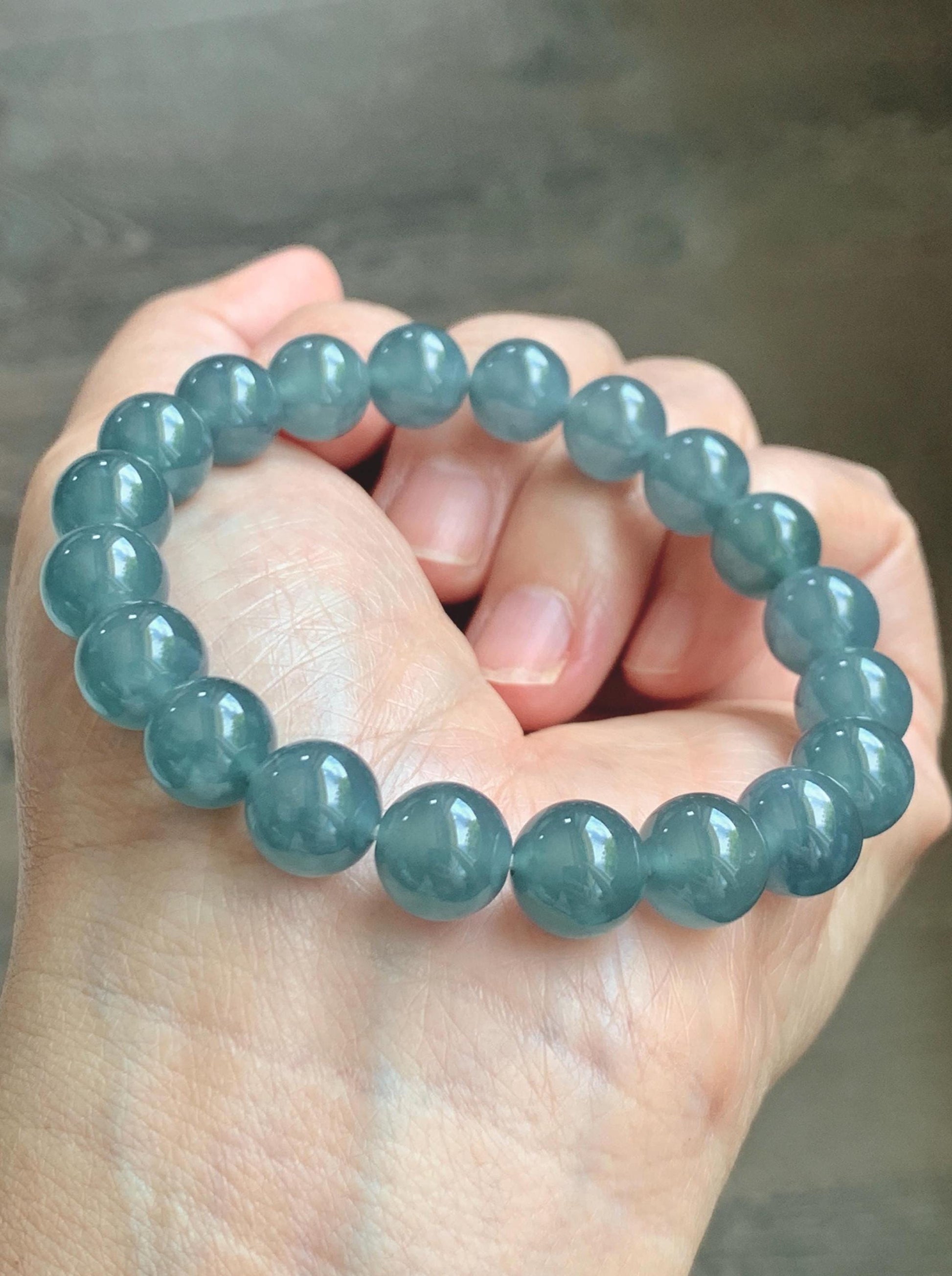 Natural Grade A Guatemalan Icy Translucent Dusty Blue Jade Jadeite Beaded Bracelet 9.6mm 7.25” 30g 天然冰胶危灰蓝翡翠手串 WZL275