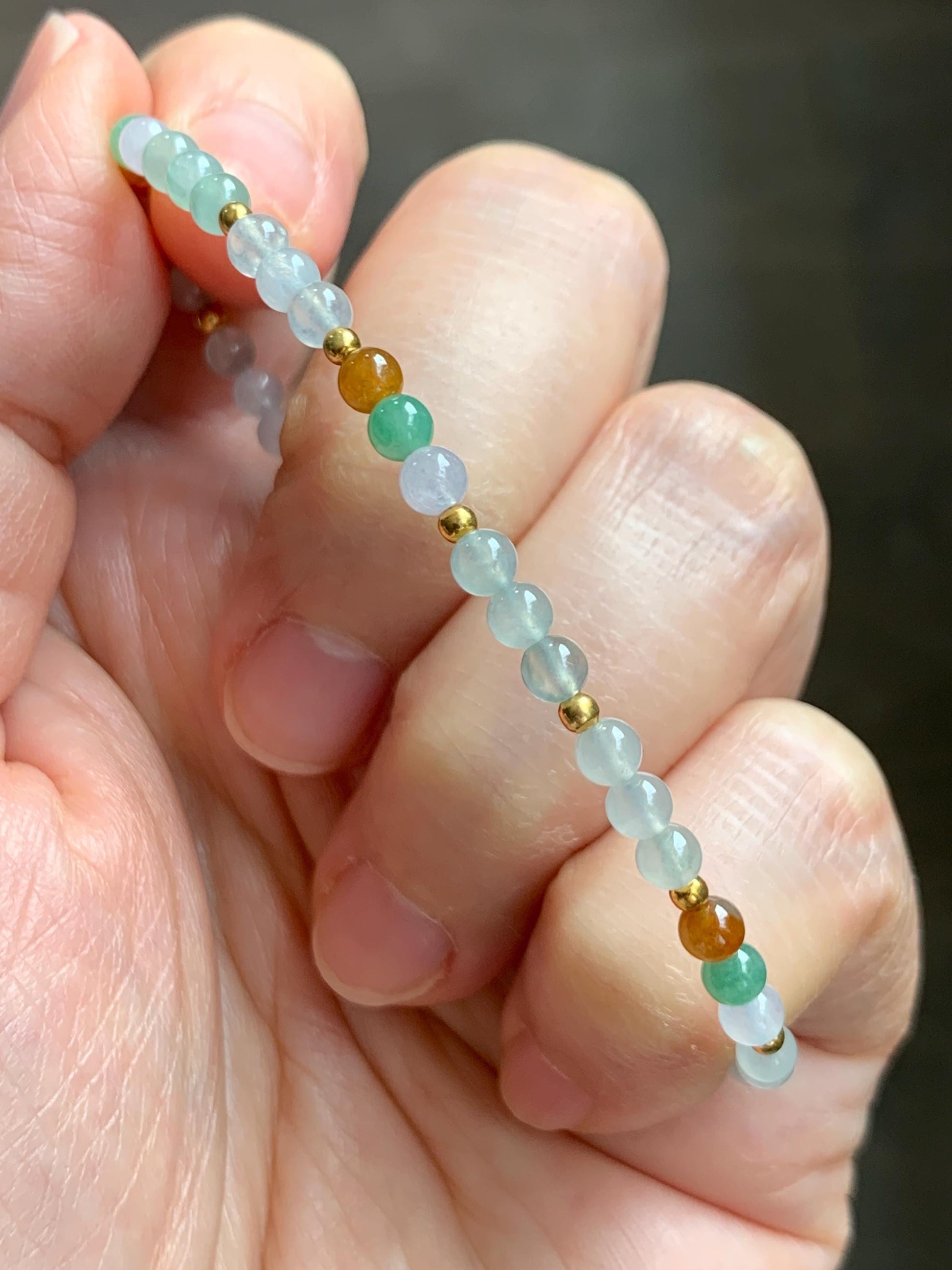 Petite Natural Grade A Icy Highly Translucent Multicolored Jade Jadeite Beads Sterling Silver Beaded Bracelet 6.5”-7.5” 天然冰多宝翡翠小珠手串 MXB550A