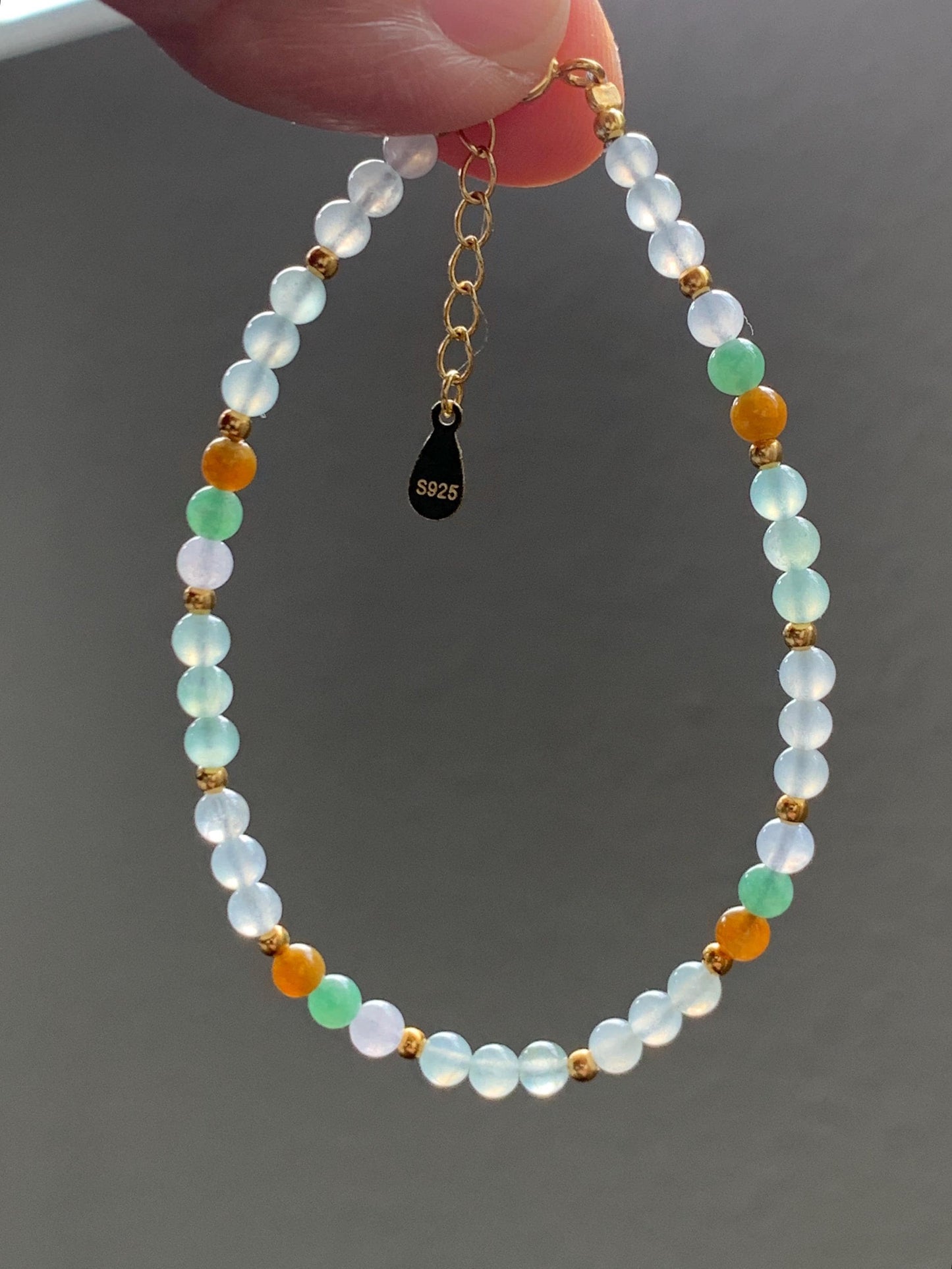 Petite Natural Grade A Icy Highly Translucent Multicolored Jade Jadeite Beads Sterling Silver Beaded Bracelet 6.5”-7.5” 天然冰多宝翡翠小珠手串 MXB550A