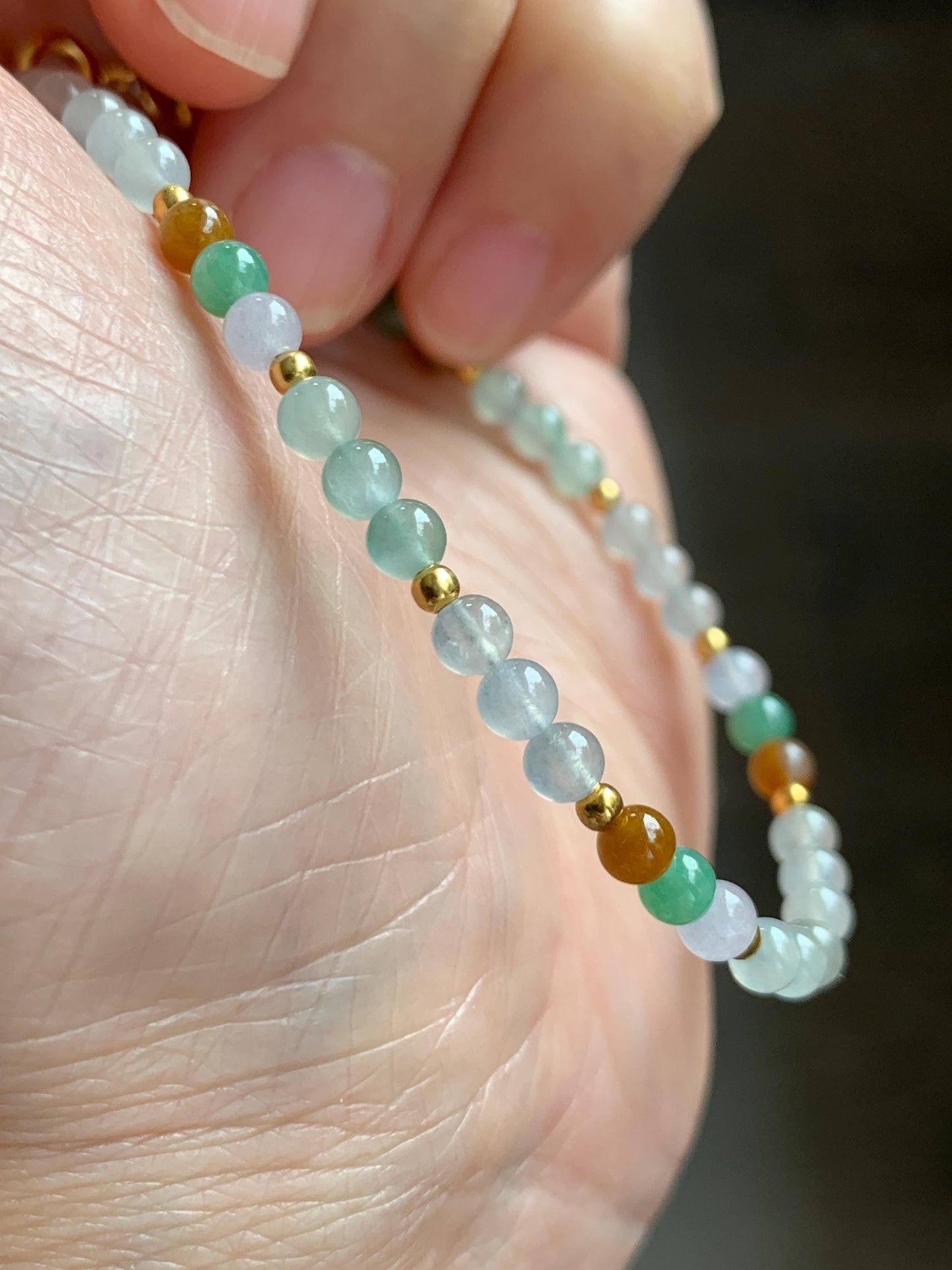 Petite Natural Grade A Icy Highly Translucent Multicolored Jade Jadeite Beads Sterling Silver Beaded Bracelet 6.5”-7.5” 天然冰多宝翡翠小珠手串 MXB550A