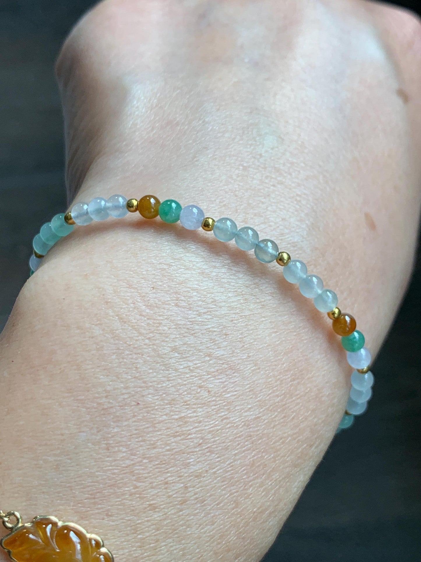 Petite Natural Grade A Icy Highly Translucent Multicolored Jade Jadeite Beads Sterling Silver Beaded Bracelet 6.5”-7.5” 天然冰多宝翡翠小珠手串 MXB550A