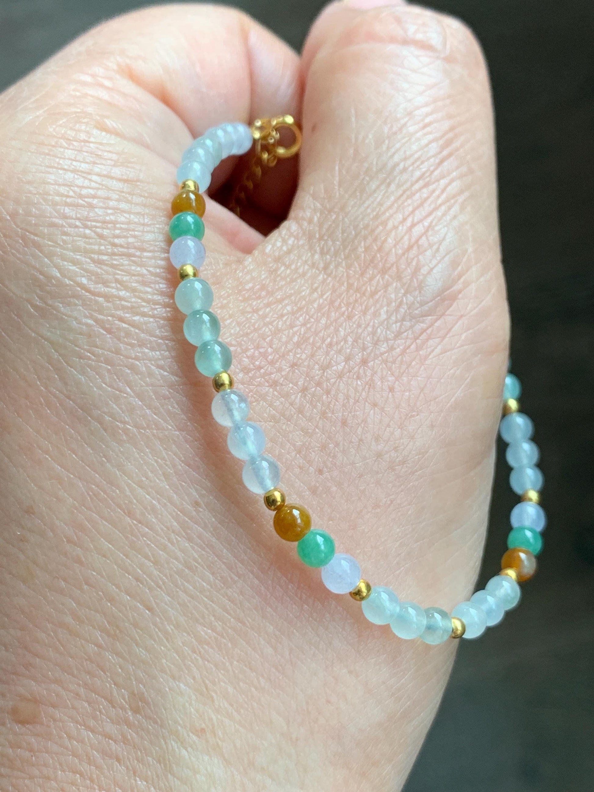 Petite Natural Grade A Icy Highly Translucent Multicolored Jade Jadeite Beads Sterling Silver Beaded Bracelet 6.5”-7.5” 天然冰多宝翡翠小珠手串 MXB550A