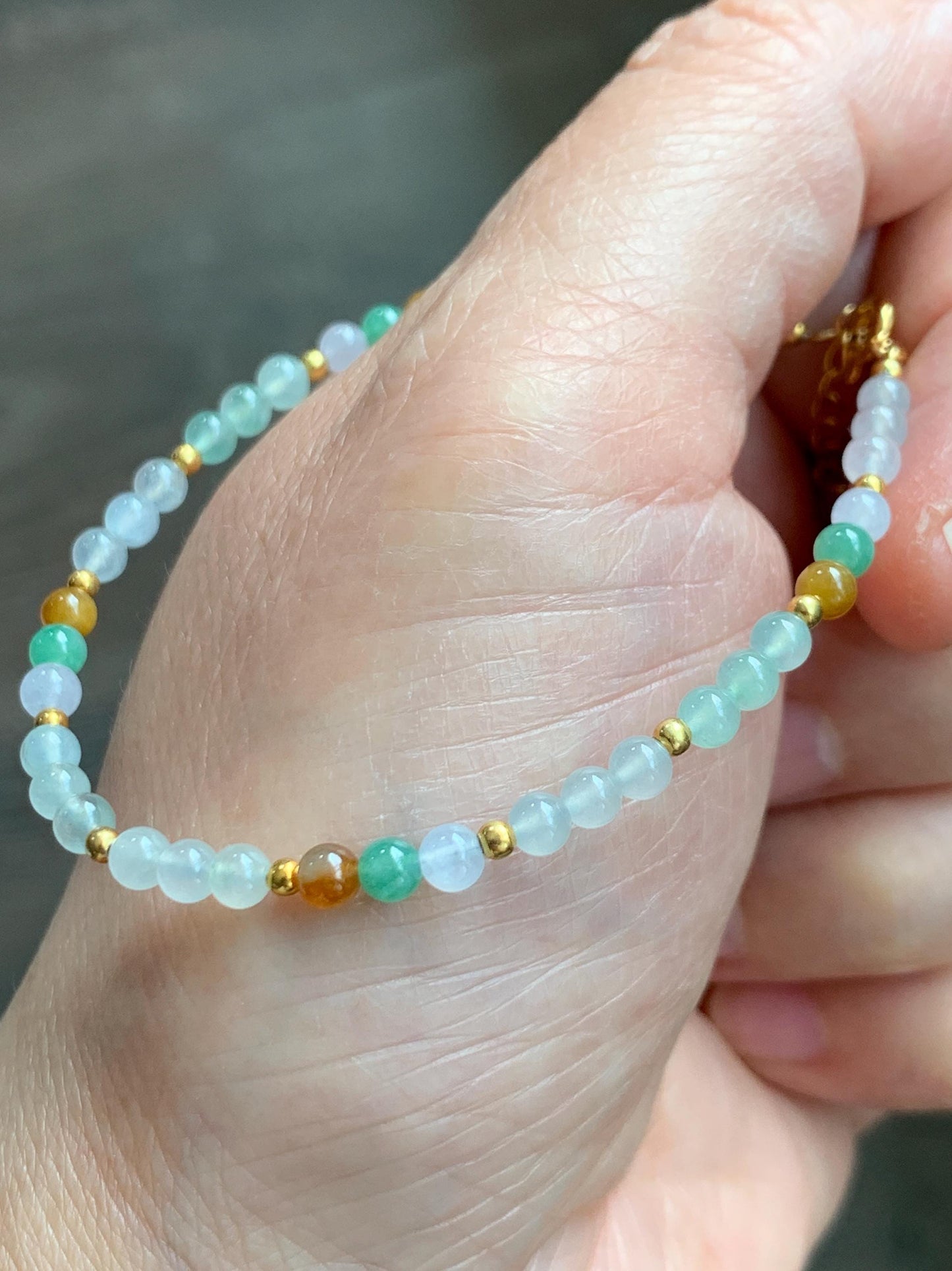 Petite Natural Grade A Icy Highly Translucent Multicolored Jade Jadeite Beads Sterling Silver Beaded Bracelet 6.5”-7.5” 天然冰多宝翡翠小珠手串 MXB550A