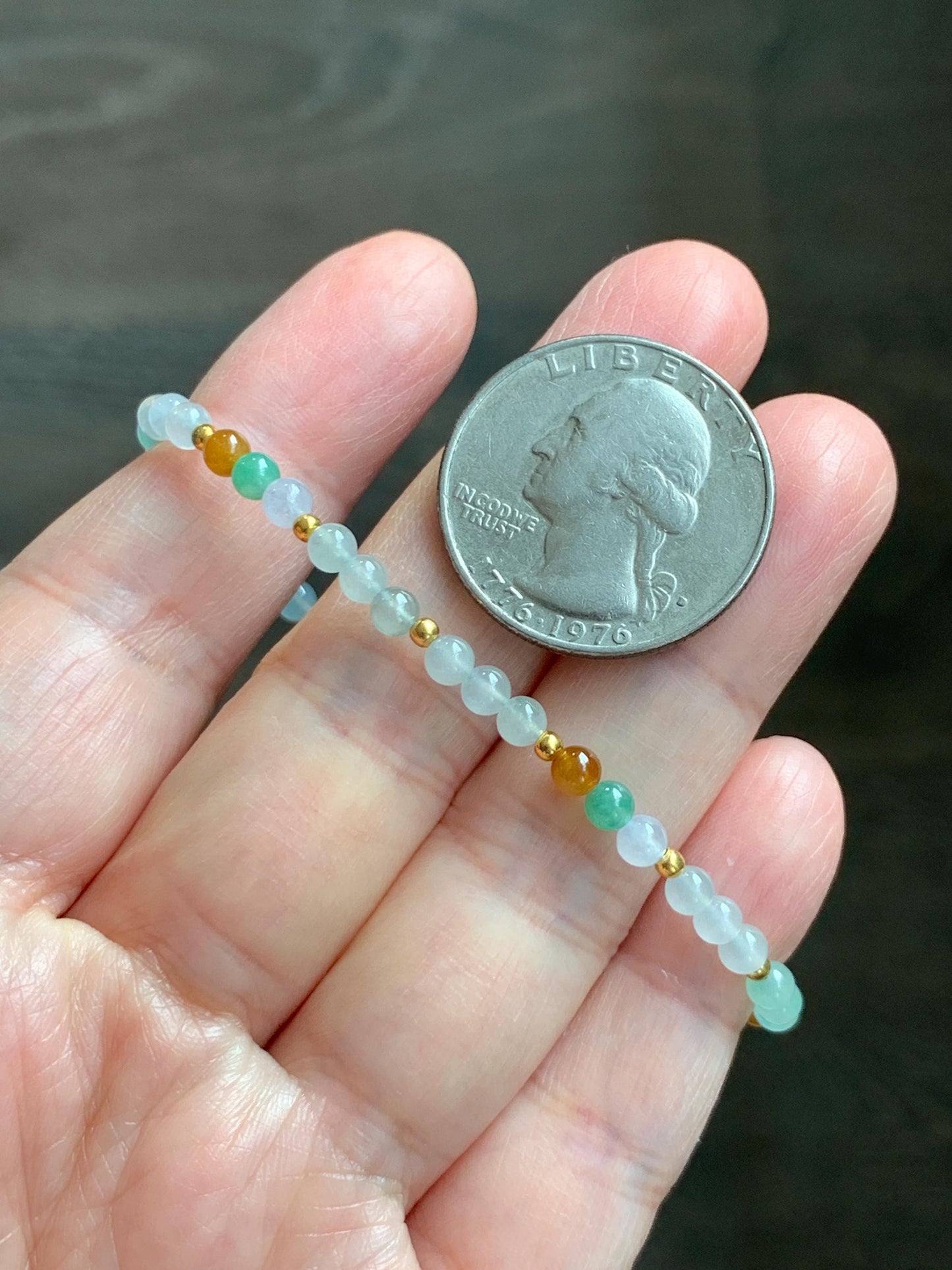 Petite Natural Grade A Icy Highly Translucent Multicolored Jade Jadeite Beads Sterling Silver Beaded Bracelet 6.5”-7.5” 天然冰多宝翡翠小珠手串 MXB550A