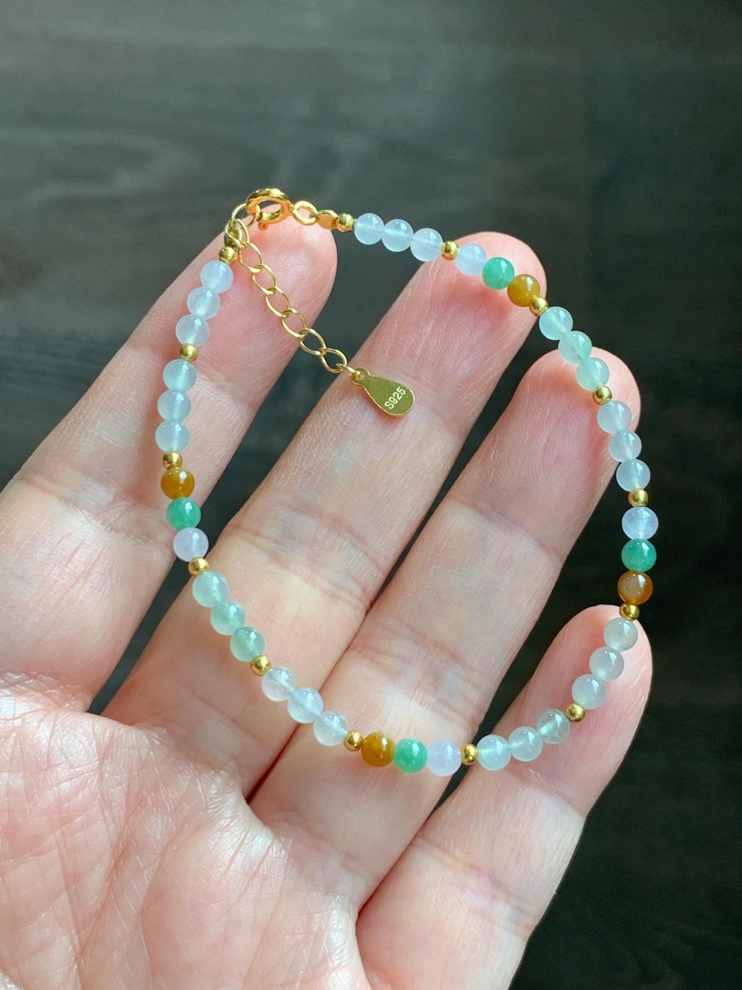 Petite Natural Grade A Icy Highly Translucent Multicolored Jade Jadeite Beads Sterling Silver Beaded Bracelet 6.5”-7.5” 天然冰多宝翡翠小珠手串 MXB550A